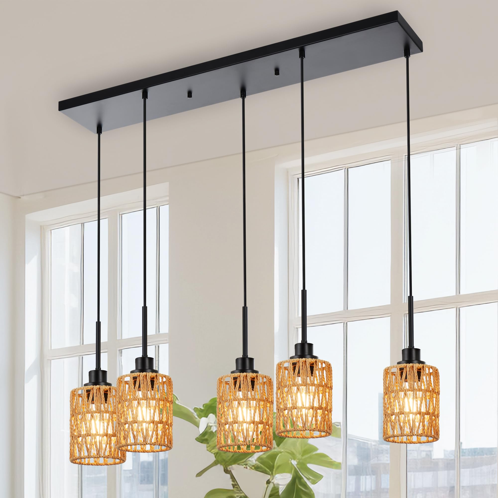 2 Pack Rattan Hanging Light Fixture Boho Pendant Light Black Adjustable Dining Table Light Fixture with Rattan Lamp Shade, Set of Two Mini Pendant Lighting for Kitchen Island Hallway Stair