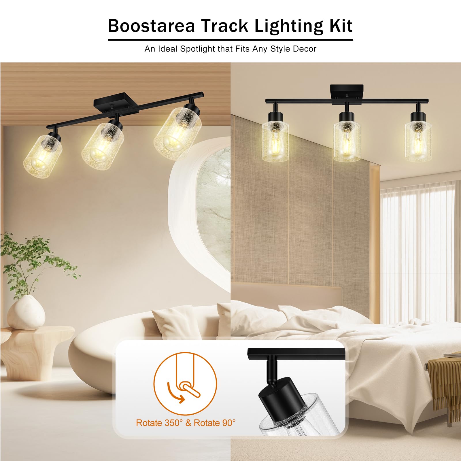 LED 4 Light Track Lighting Kit, 4 Way Ceiling Spot Lighting with Glass Lampshade, Flexibly Rotatable Light Head for Kitchen, Living Room, Bedroom, Bulb Not Included