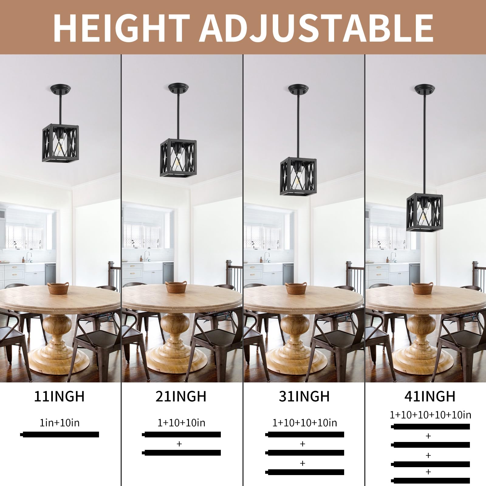 KEESFU 5-Light Dining Room Light Fixture, Farmhouse Kitchen Island Lighting,Adjustable Height Pendant Light, Rustic Linear Chandelier for Kitchen, Dining Room Table, Pool Table. (Wood Grain Color)