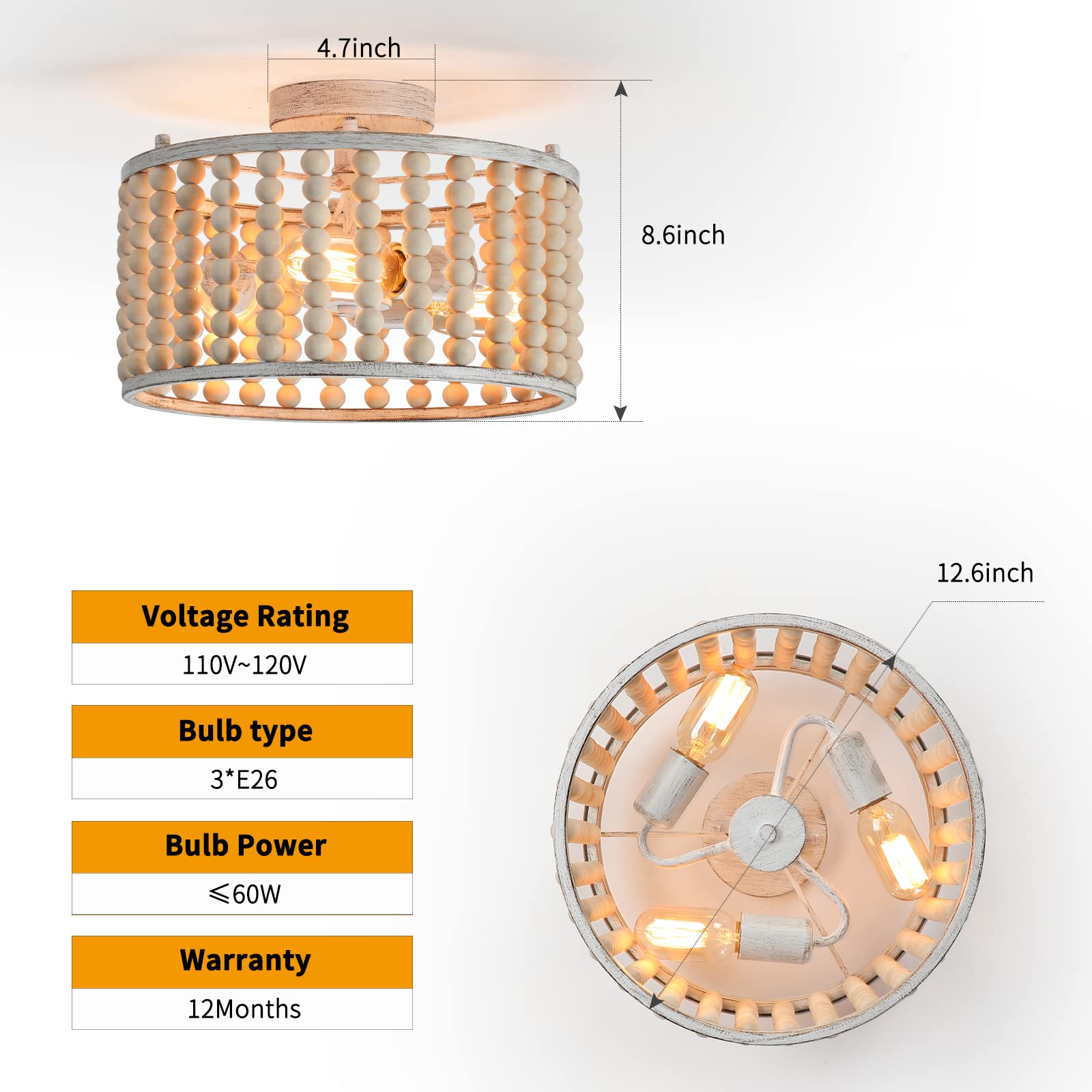 Wood Beaded Boho Chandelier Light Fixture, Semi Flush Mount Ceiling Light 3-Light Rustic Nursery Close to Ceiling Light for Bedroom Kitchen, Living Room, Oak White, E26 Base