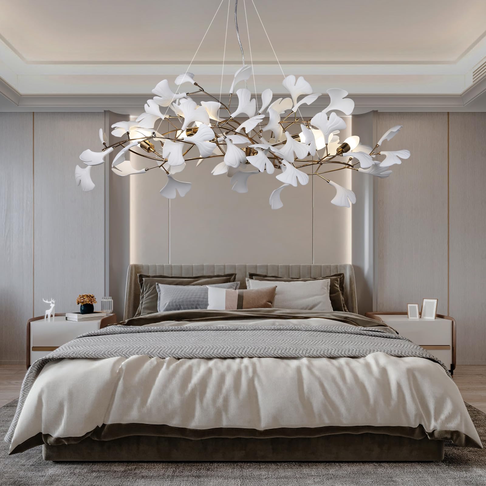 59 Inch White Rectangle Chandelier Ceramic Ginkgo Leaf Chandeliers Brass Large Chandeliers Modern Art Deco Chandelier for Dining Room Living Room,10-Light