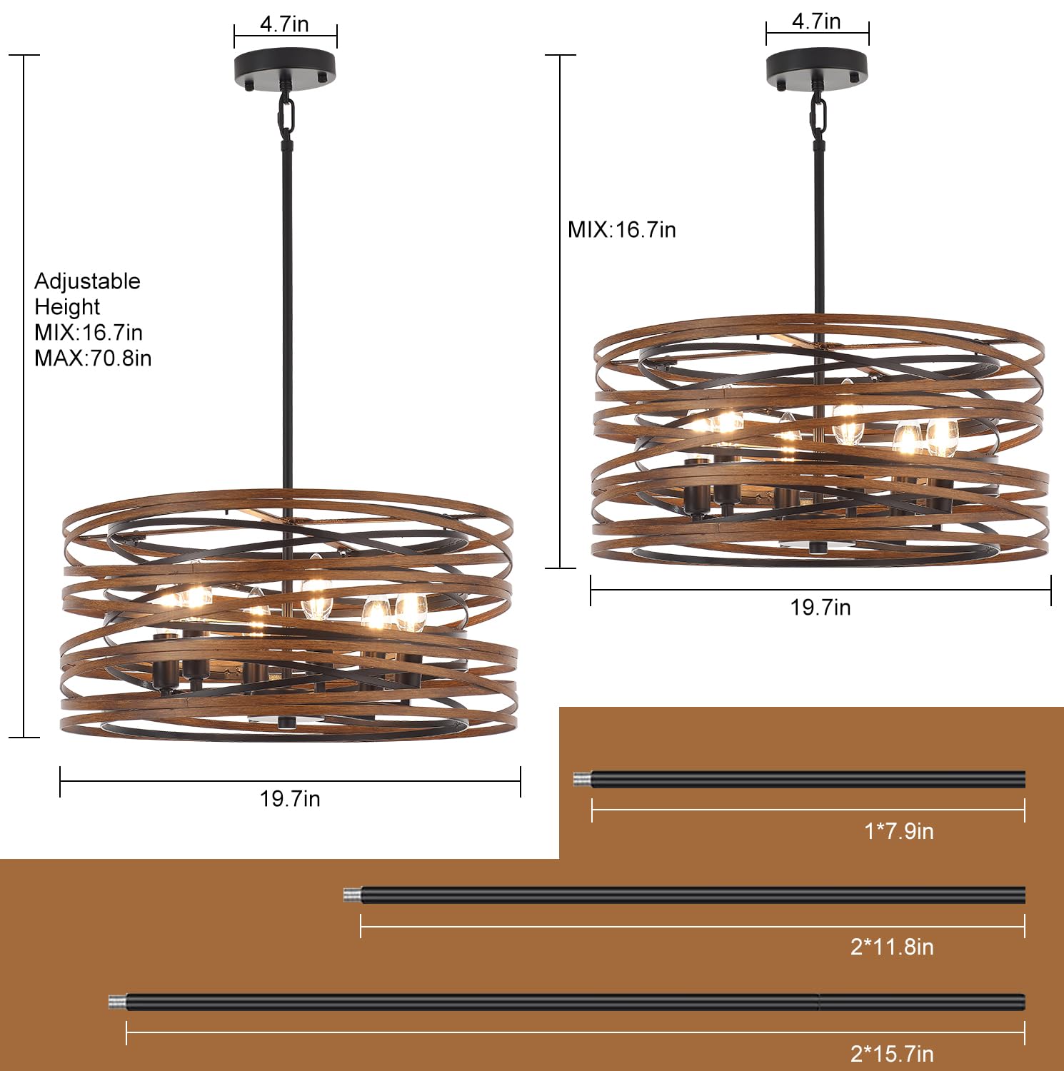 Drum Chandelier Light Fixture Vintage Modern Farmhouse 4-Lights Chandelier with White Linen Lampshade 18.9" Rustic Drum Chandelier for Dining Room, Bedroom, Kitchen