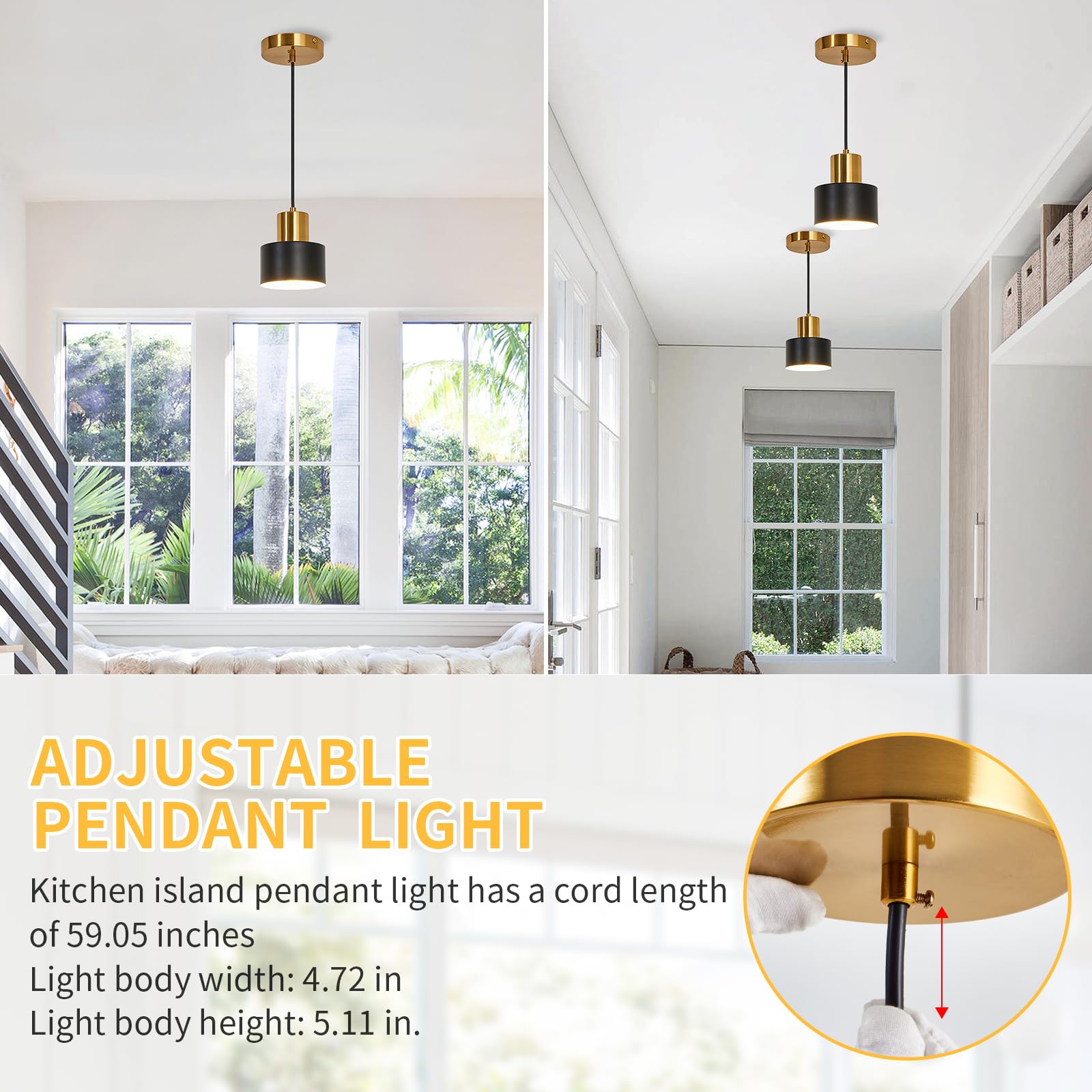 Industrial Mini Pendant Light Fixture Black and Gold Farmhouse Modern Adjustable Matte Hanging Chandelier Ceiling Light for Kitchen Island Dining Room Foyer Hallway Bedroom(1 Pack,Small)