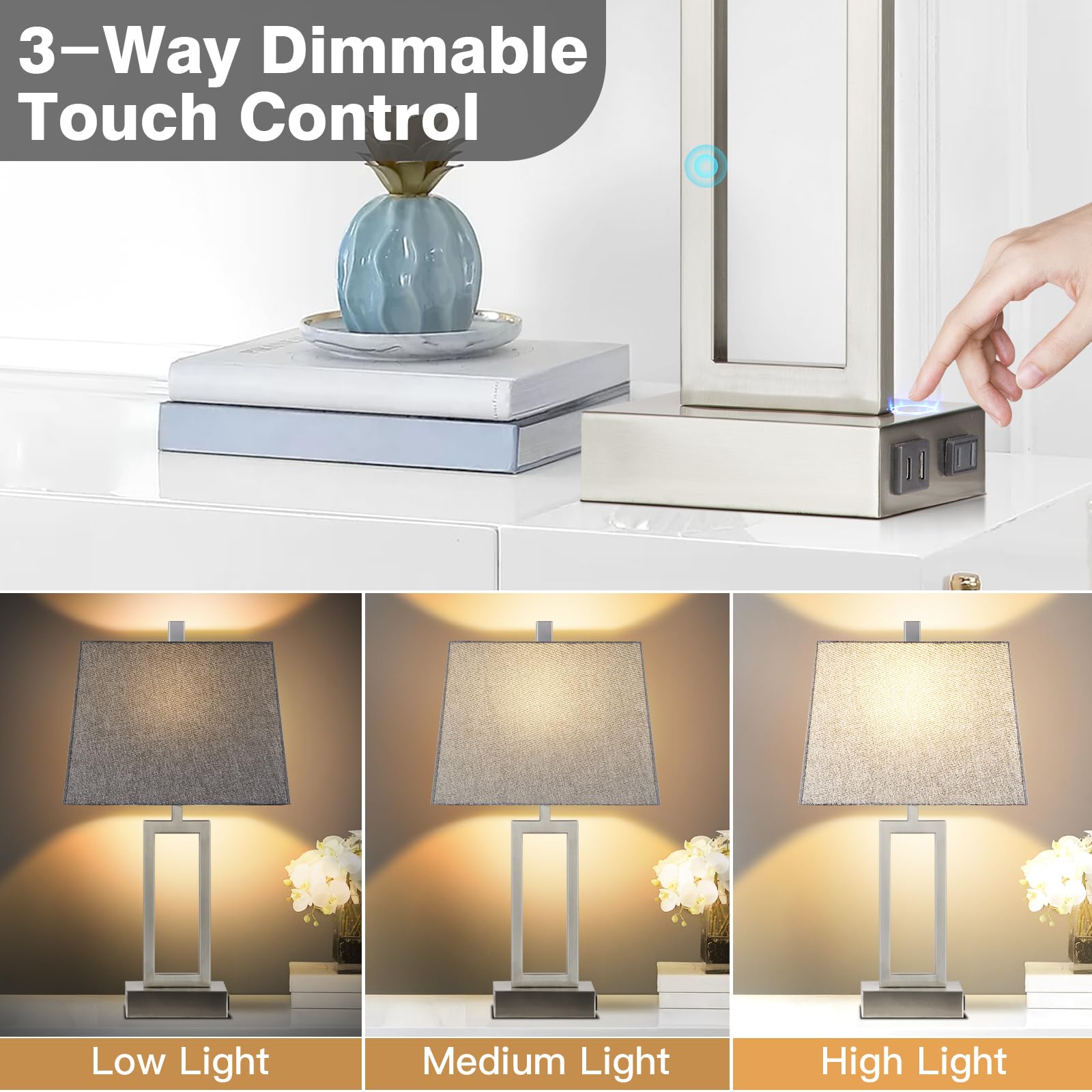 23.5" Touch Control Table Lamps, Metal Bedside Lamp for Bedroom Set of 2 with USB A+C Ports & AC Outlet, 3-Way Dimmable Nightstand Lamp for Living Room (LED Bulb Included)