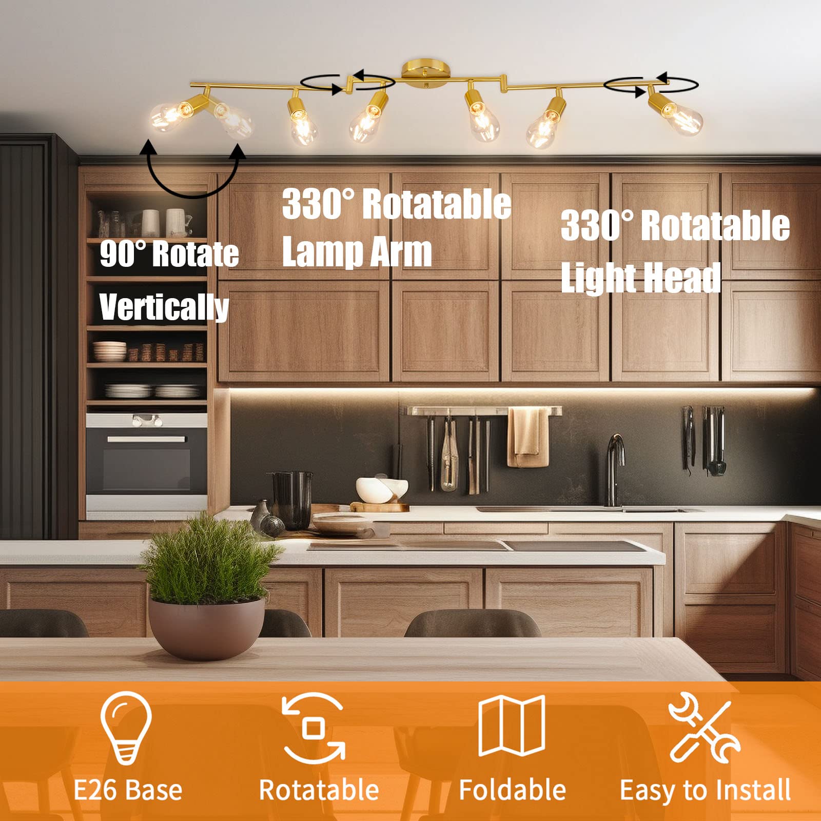 4 Lights Track Lighting Fixtures Ceiling, Flush Mount Gold Track Lights Kit, Modern Directional Kitchen Ceiling Lamp with Flexibly Adjustable E26 Light Heads, for Living Room, Office