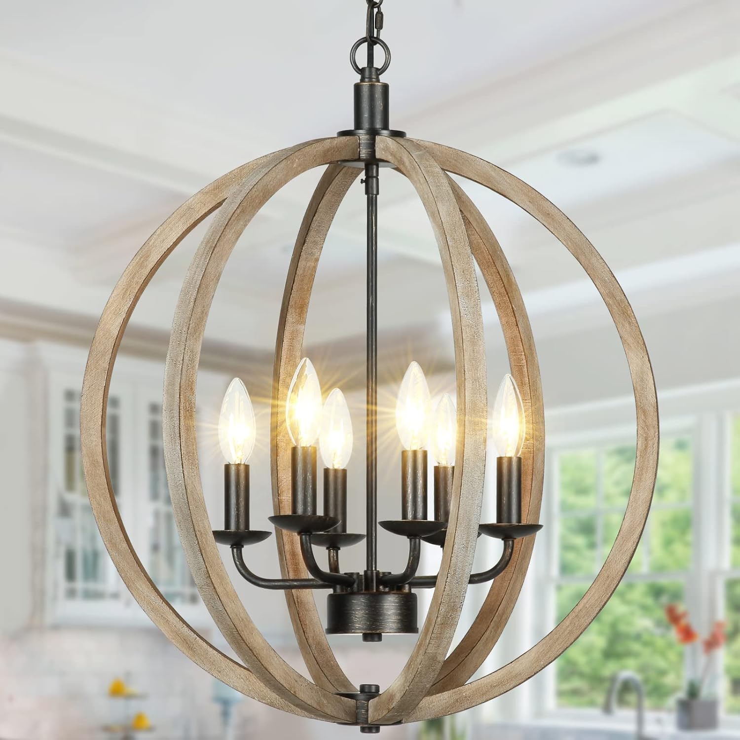 6-Light Farmhouse Chandelier 20" Rustic Vintage Wood Chandelier Wooden Globe Chandelier for Kitchen Island Living Room Dining Room Bedroom Foyer Stairwell, Brown