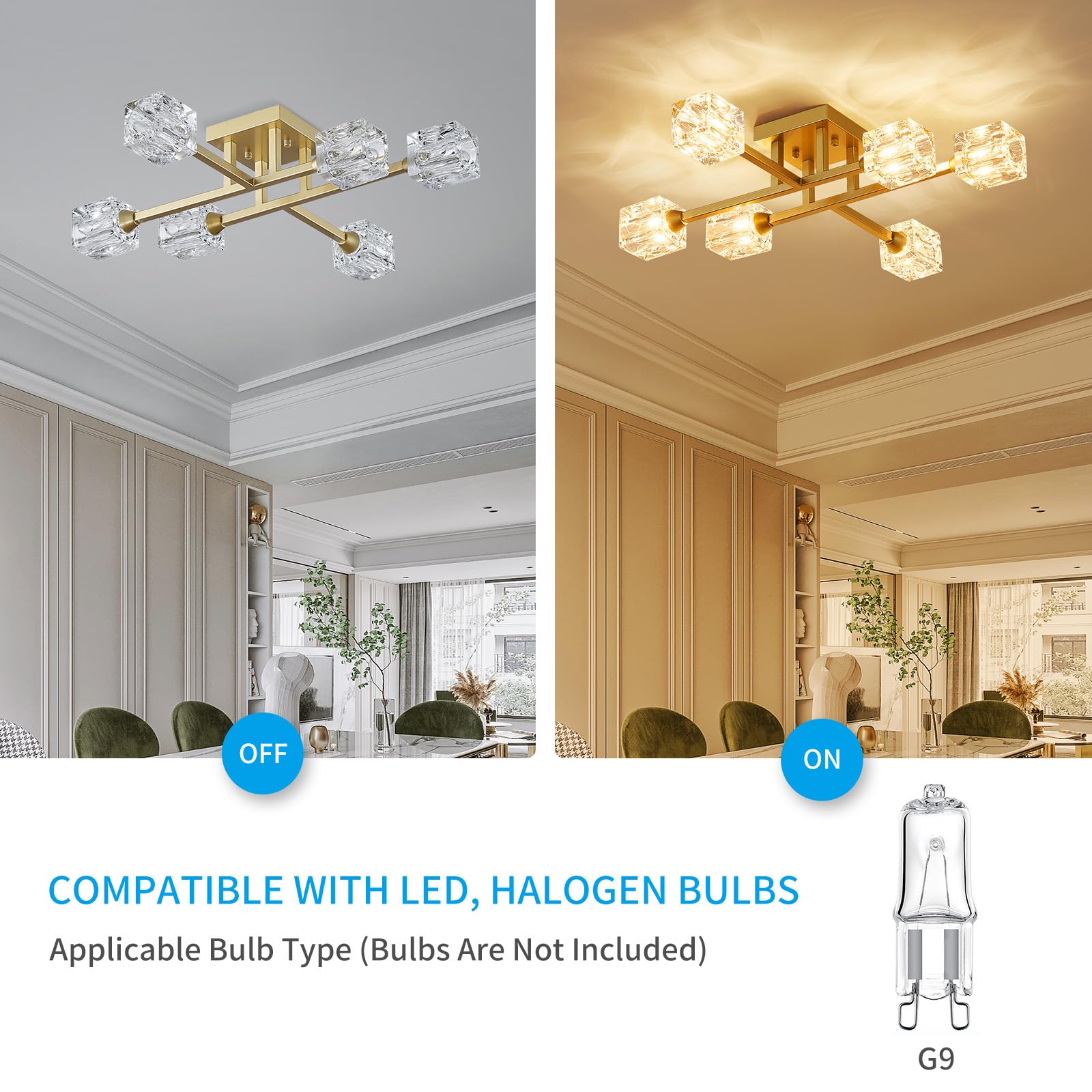 8-Light Semi Flush Mount Ceiling Light Fixture Modern Antique Gold Sputnik Chandeliers Fashion Lighting for Bedroom Dining Room Farmhouse Kitchen Office