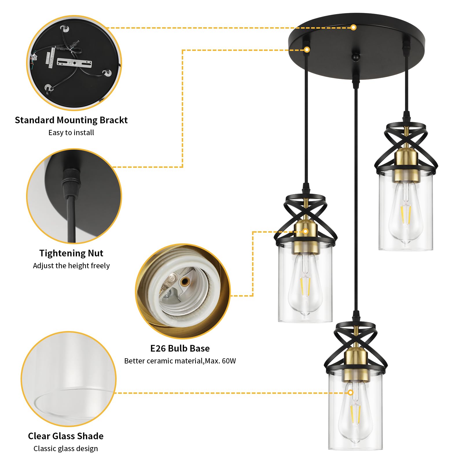 Modern Pendant Light Fixture Farmhouse Hanging Light with Clear Glass Shade, Industrial Black and Gold Pendant Lighting for Kitchen Island Dining Room Bedroom