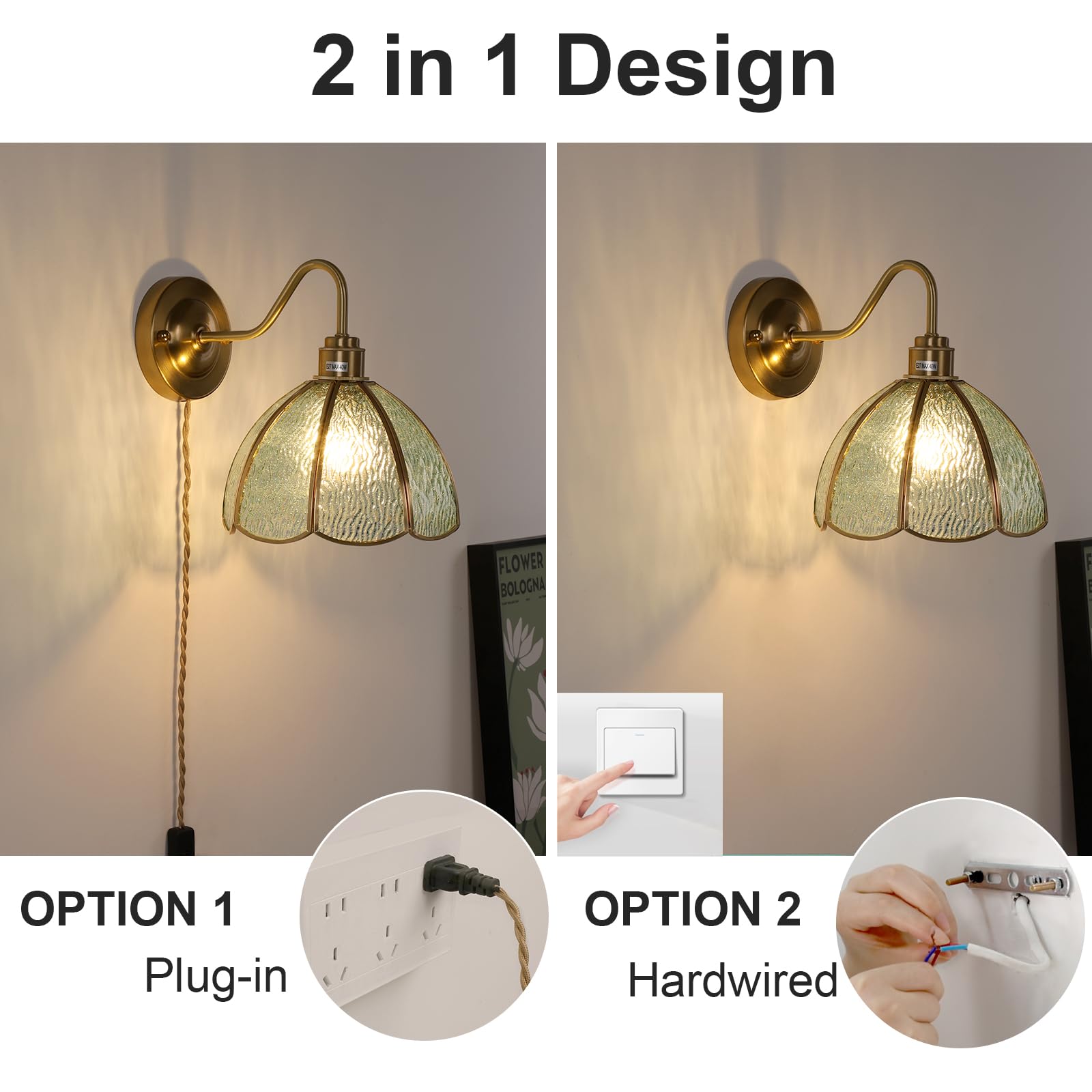 Wall Sconce, Wall Mounted Lamps with Green Checker Sconce, Stained Glass Shade Brass Wall Lights Fixture with Plug in Cord and Switch for Bedroom Bathroom Living Room Hallway