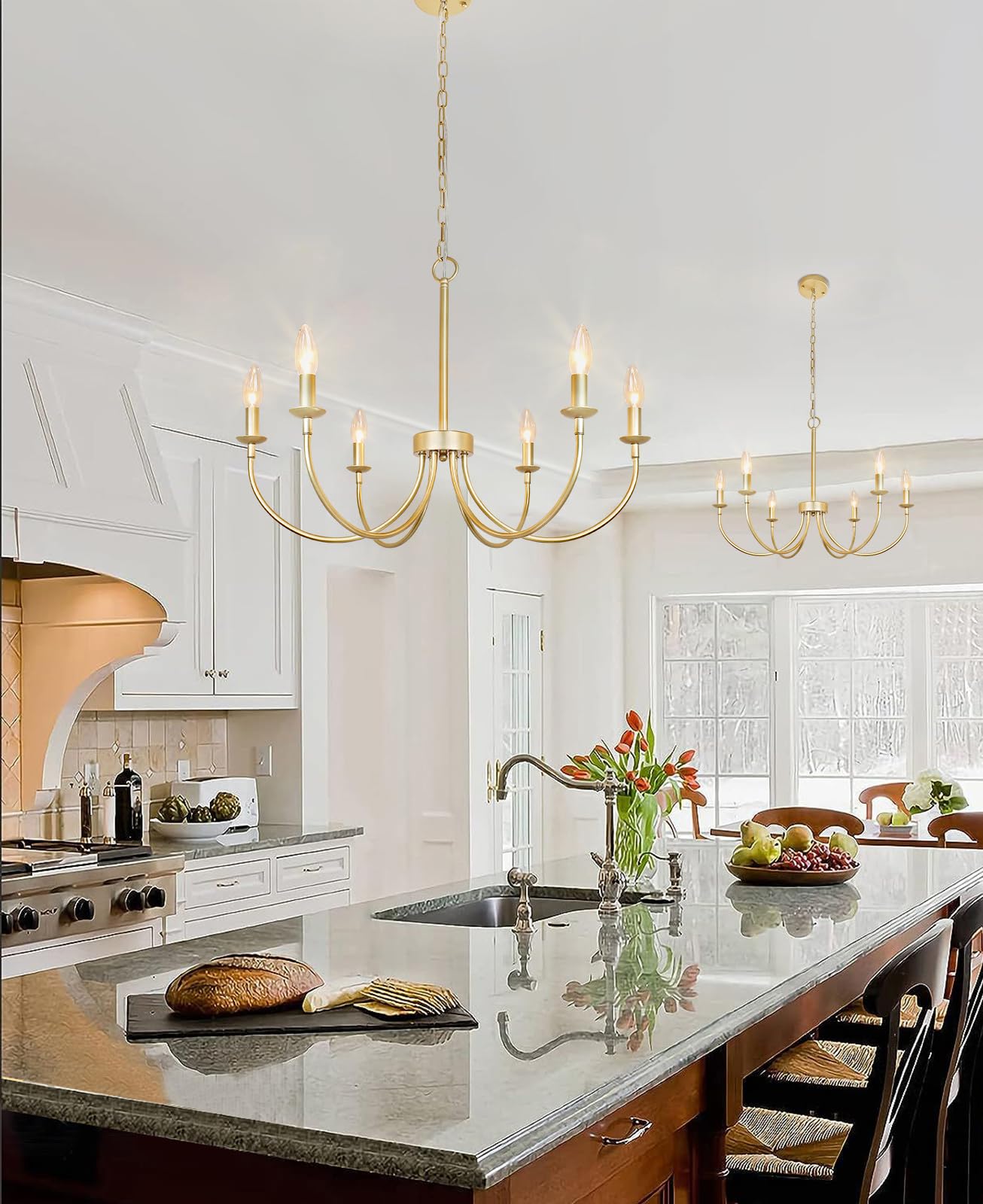 Chandelier, 6-Light Antique White Farmhouse Chandelier for Dining Room Lighting Fixtures Hanging, Candle Hanging Pendant Lights for Kitchen Living Room Bedroom Foyer