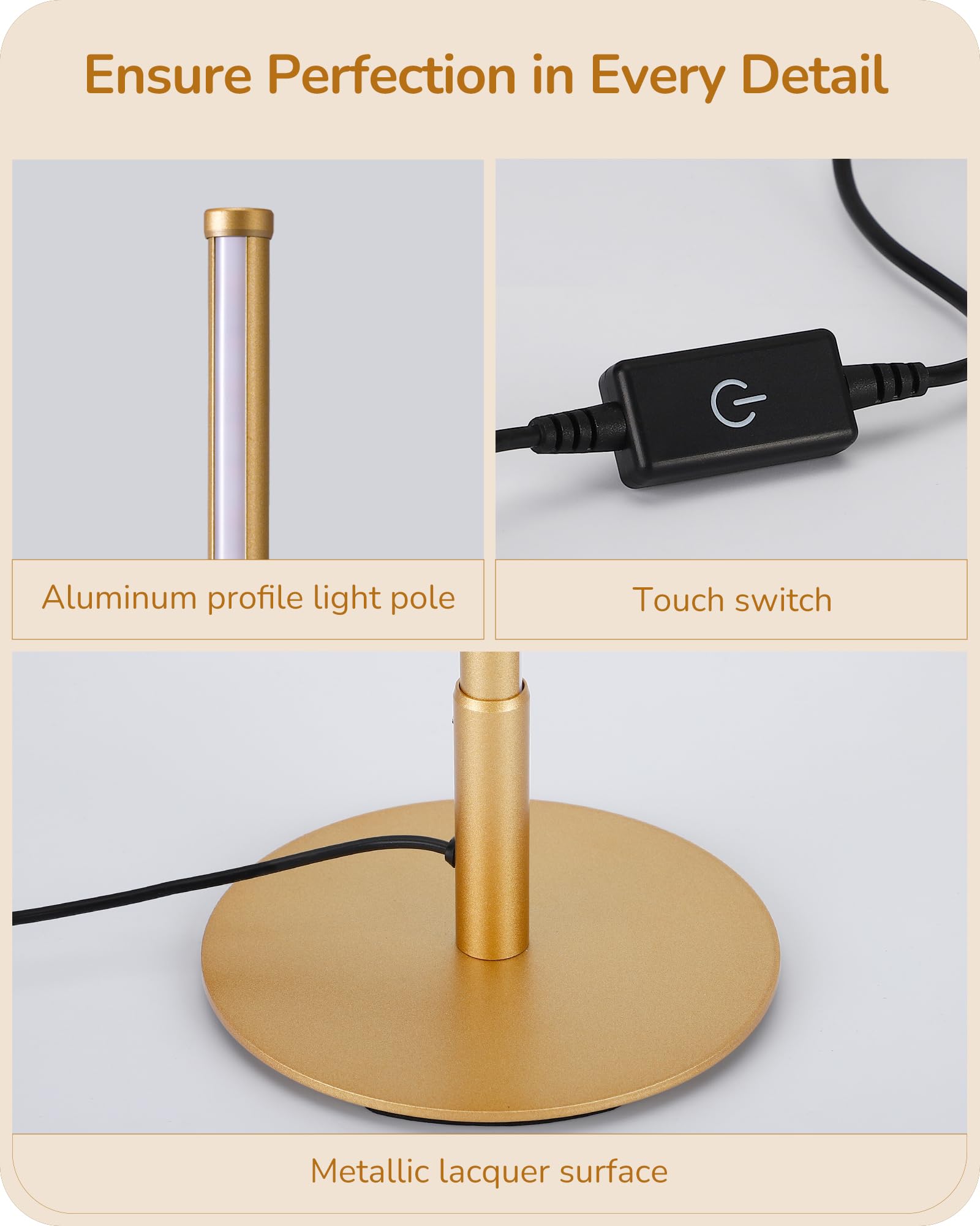 LED Table Lamp, Dimmable Bedside Lamp with 3 Colour Temperature, Touch Controller, Minimalist Lamp for Bedroom, Living Room, Corner Lighting, Gift, Reading, Metal Finish, Gold, 6W