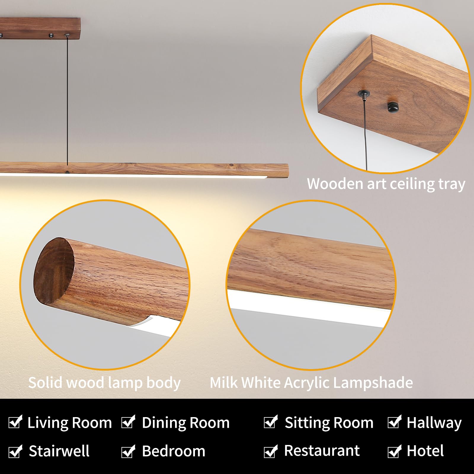 Wooden Linear Pendant Light, 47" Dimmable Pool Table Island Lights for Kitchen, LED Ceiling Pendant Lamp for Dining Room Billiard Room, Adjustable Height，Natural Ash