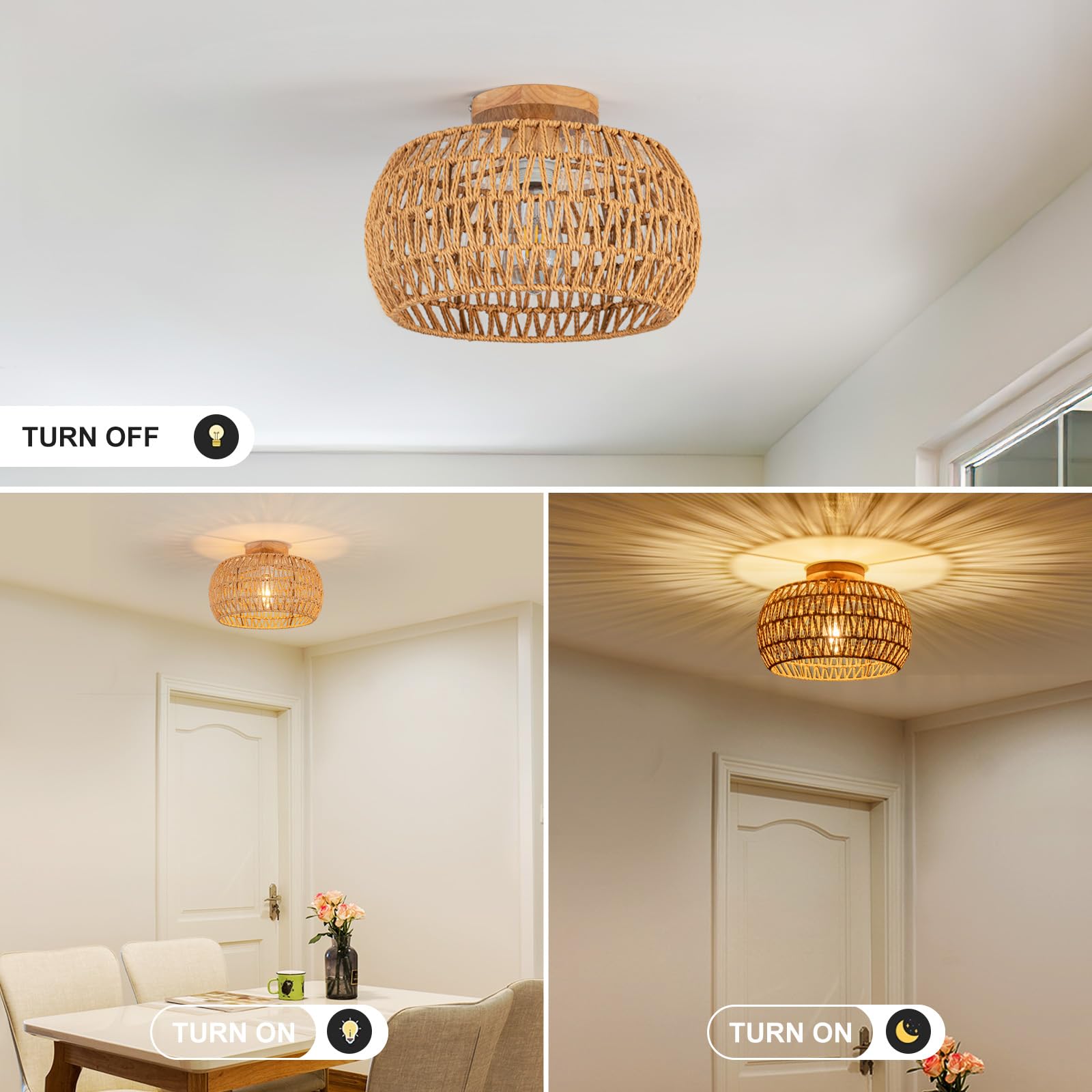 Rattan Pendant Light Fixture Basket Hanging Drum Chandelier Basket Light White Boho Ceiling Light Flush Mount Ceiling Light Woven Kitchen Chandelier for Dinning Room Hallway Bedroom Chandelier