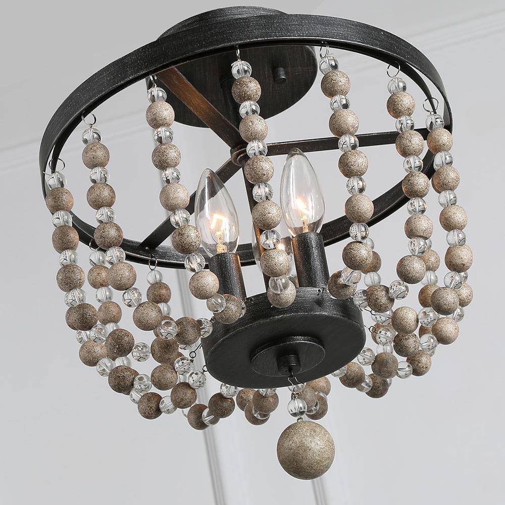 Ceiling Light Fixture, 3-Light Bohemian Lighting for Entryway, Foyer, Distressed Wood Bead Chandelier, Dark Silver Brushed, 12 D” x 13.6” H