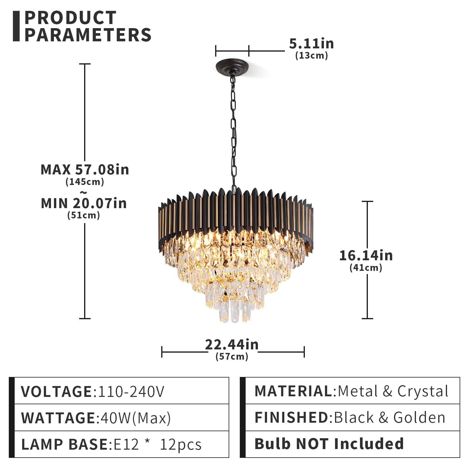 Modern Crystal Chandeliers 3 Tiers Black and Gold Chandelier Pendant Light Fixtures Round Flush Mount Chandeliers Ceiling Lighting for Living Room Dining Room Foyer Bedroom Entryway Kitchen W16in