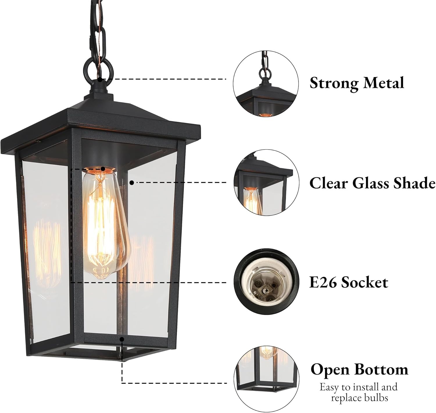 Outdoor Pendant Light Fixture, Farmhouse Exterior Anti-Rust Hanging Lights with Adjustable Chain, Black Ceiling Outdoor Light with Clear Glass, Hanging Lantern for Front Door, Entry, Porch, and Gazebo