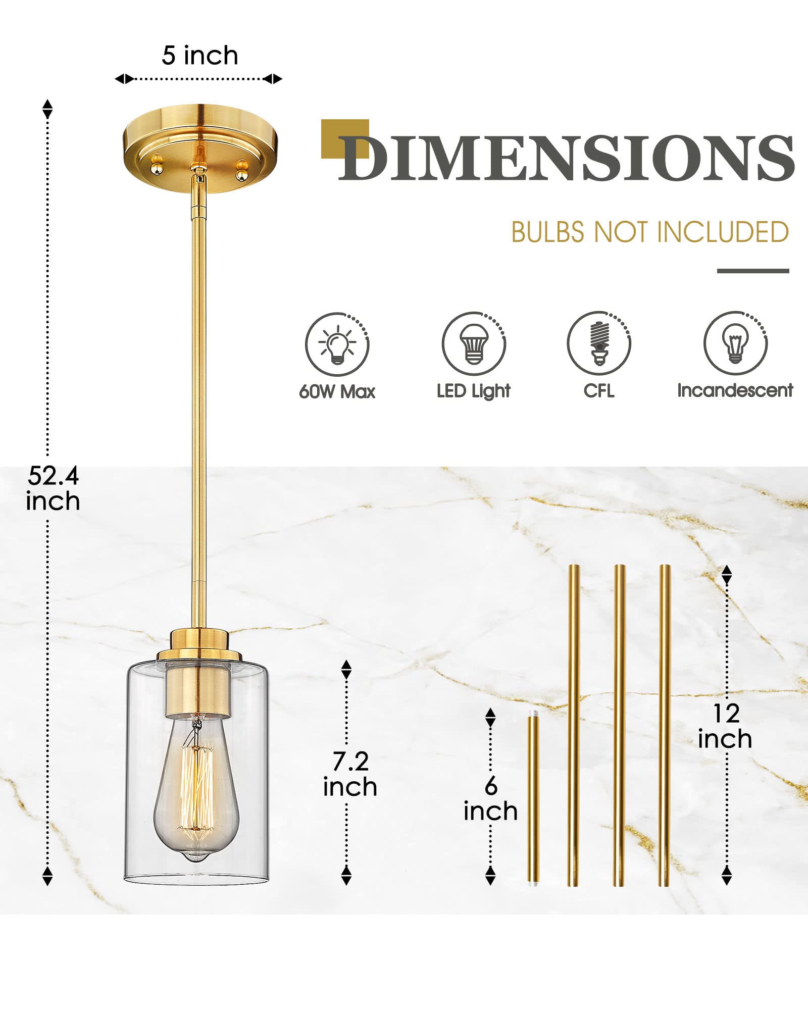 Brass Pendant Lights Kitchen Island 2 Pack, Farmhouse Gold Pendant Light with Clear Glass Globe Shade, Kitchen Island Lighting for Dining Room Entryway, AD-22280-1P2-GD-C