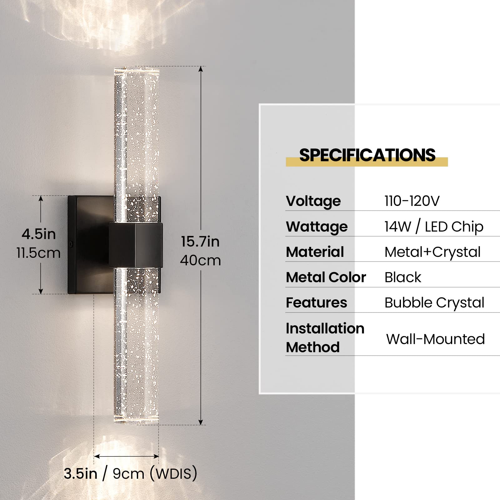 Black Sconces Wall Lighting - Modern Wall Sconces Set of Two Crystal Sconces Wall Decor Set of 2, 14W 3000K Dimmable Bathroom Vanity Light Fixtures for Hallway Bedroom Living Room