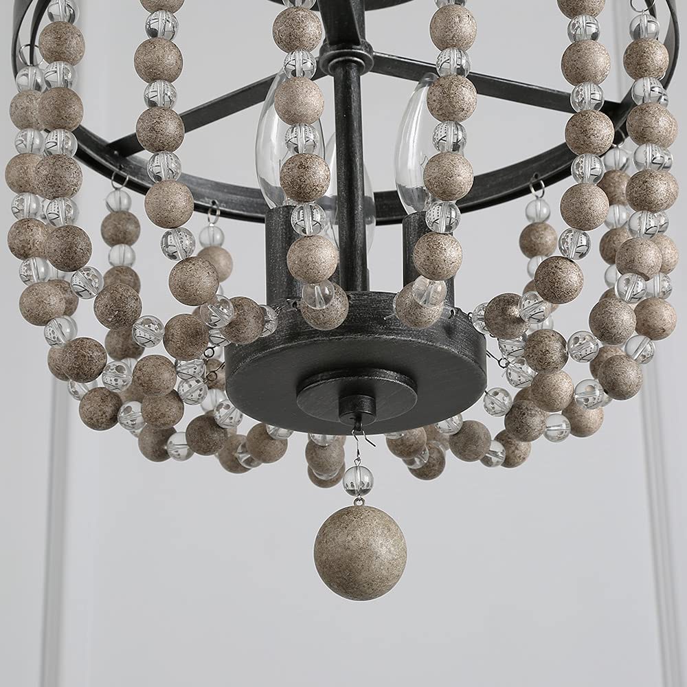 Ceiling Light Fixture, 3-Light Bohemian Lighting for Entryway, Foyer, Distressed Wood Bead Chandelier, Dark Silver Brushed, 12 D” x 13.6” H