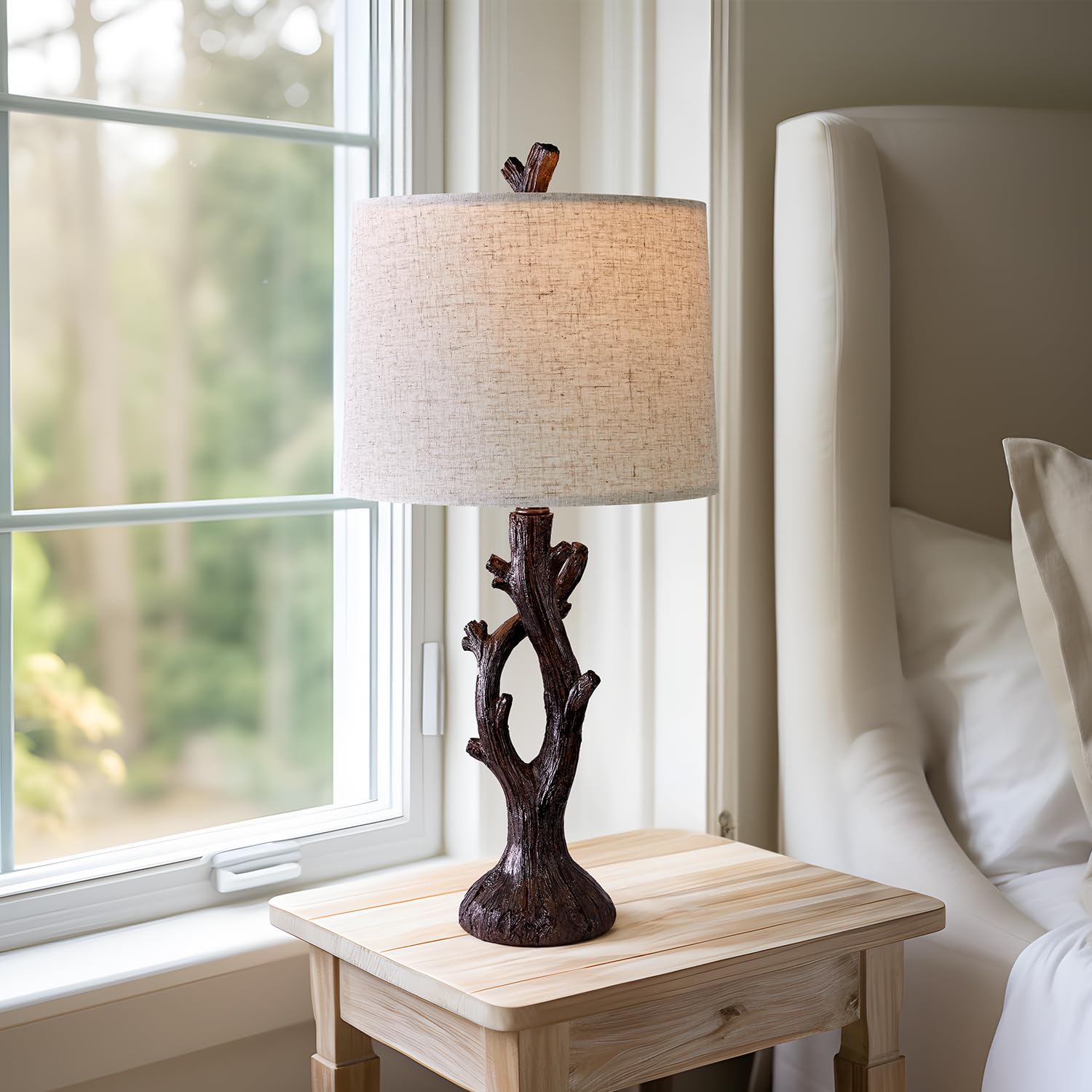 OYEARS 23" Rustic Farmhouse Table Lamp Country Cottage Lamps for Nightstand Tree Trunk Wood Grain Lamp for Bedroom Living Room with Oatmeal Fabric Round Shade Resin Bedside Lamp