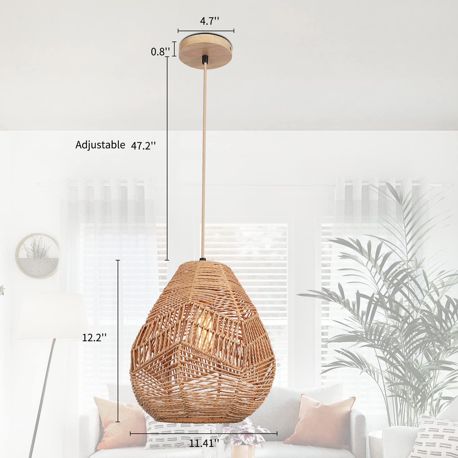 Pendant Lights Kitchen Island - Rattan Hanging Lamp Woven Lights Adjustable Boho Chandelier Hanging Light Basket Light Fixture for Farmhouse Bedroom Living Room