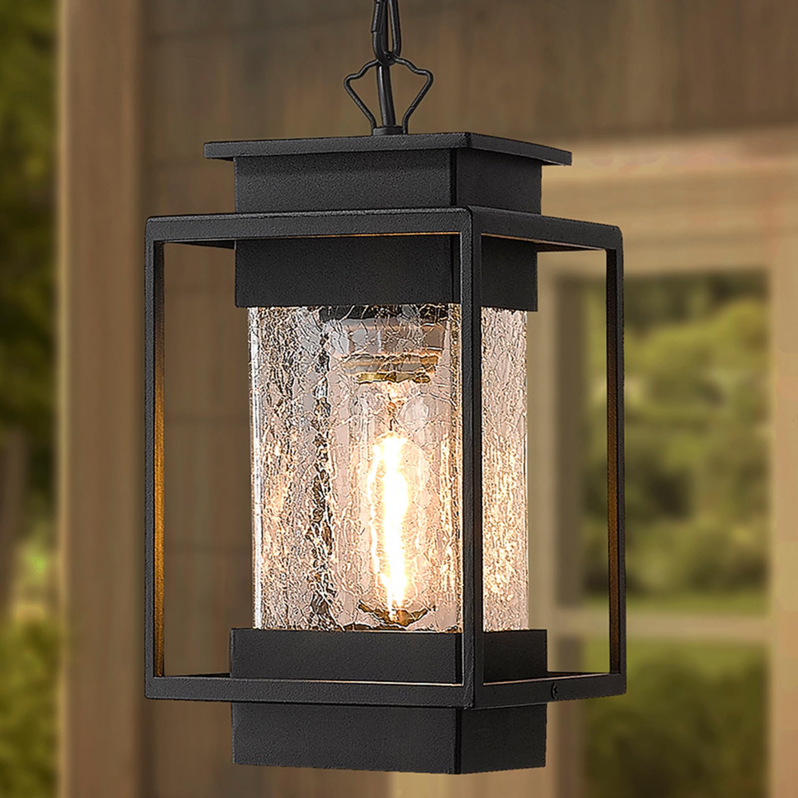 Outdoor Indoor Pendant Light Exterior Hanging Lantern, 11.4" Modern Outside Ceiling Chandelier for Front Porch Entrance Foyer Entryway, Aluminum, Crack Glass, G6001/1H-SBK