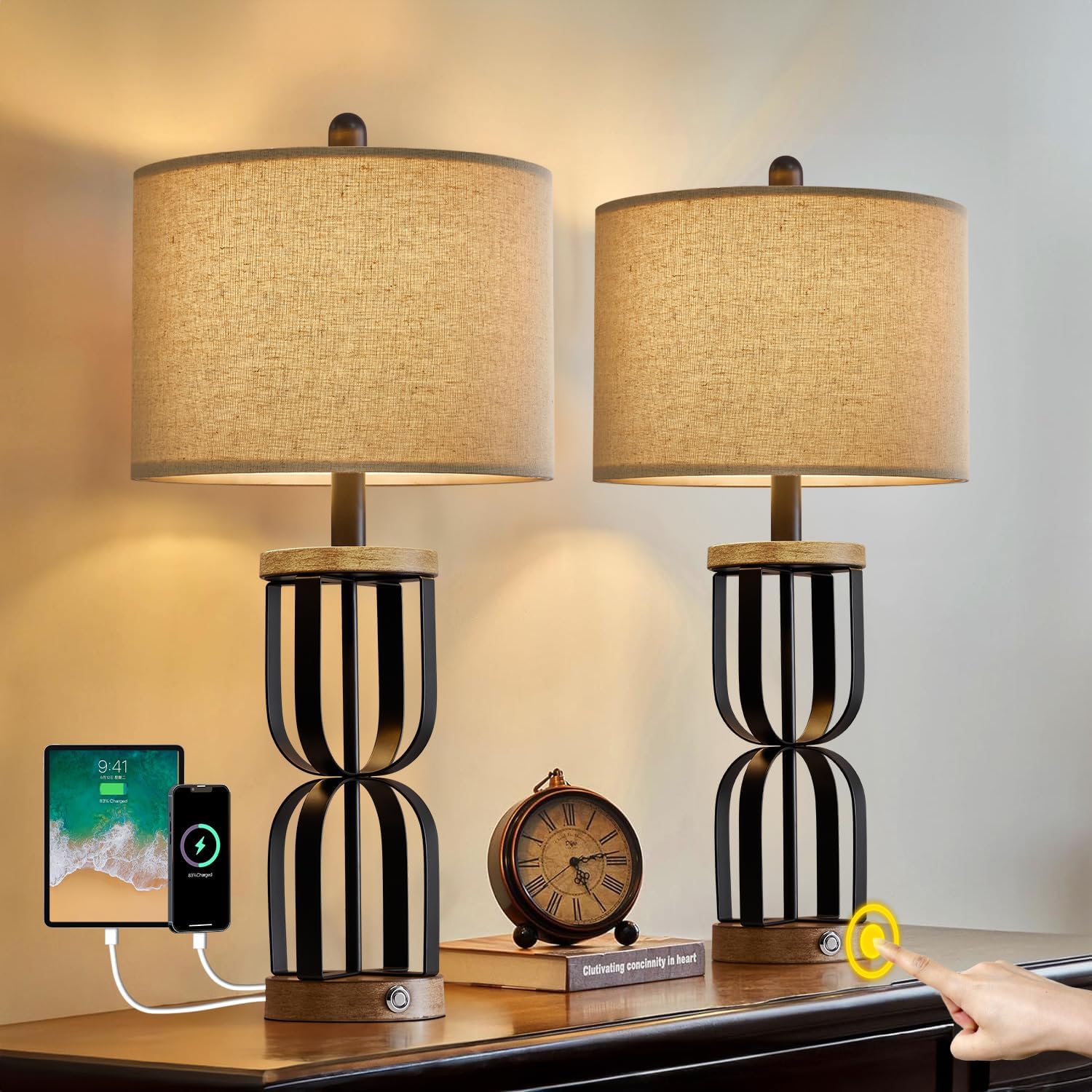 Industrial Dual USB Charging Ports 3-Way Dimmable Touch Control Table Lamp Nightstand Lamp Vintage Modern Bedside Lamps for Living Room Bedroom Hotel