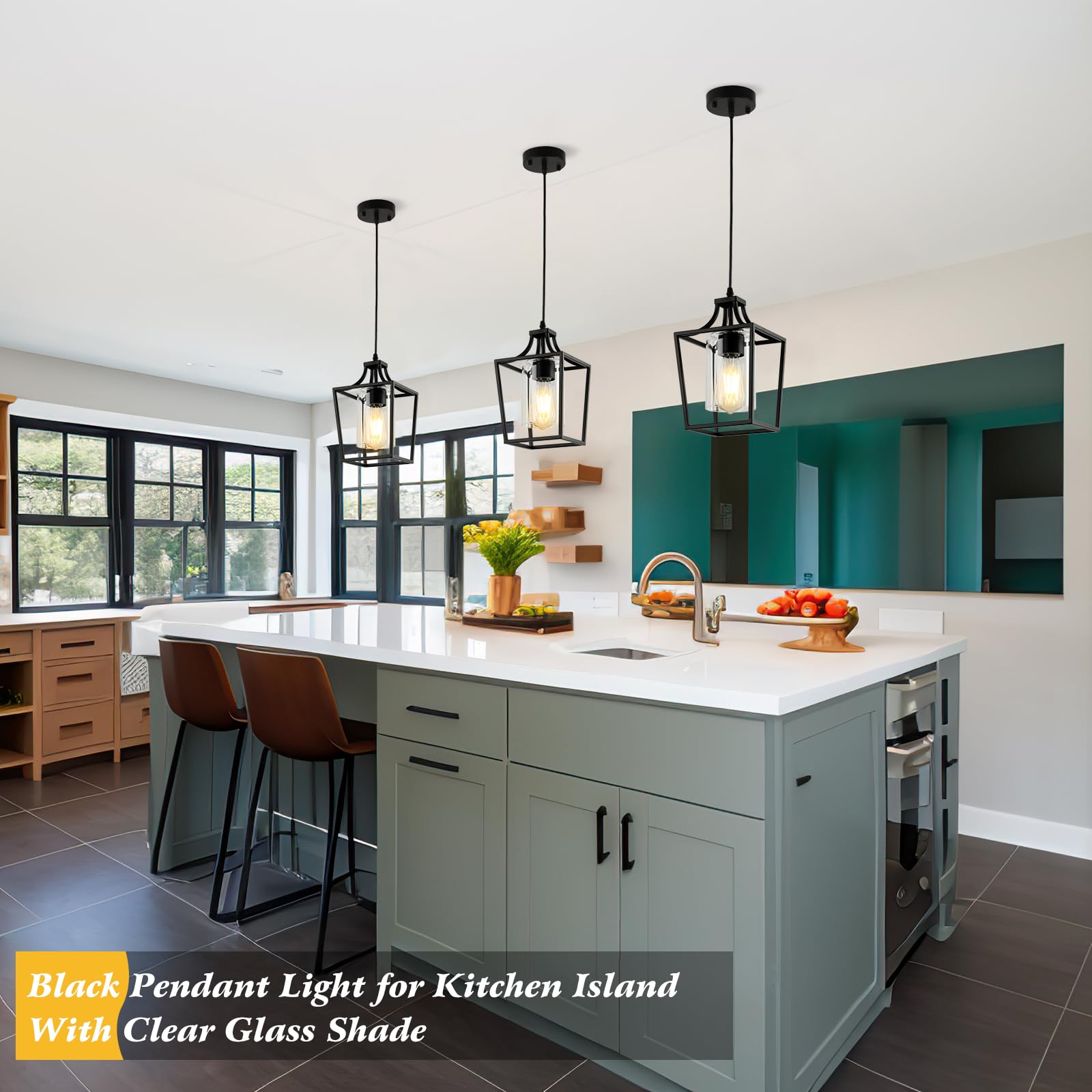 Farmhouse Kitchen Island Lighting Black Pendant Light Fixtures 4-Light Dining Room Lights Wood Chandelier Adjustable Hanging Pendant Lighting for Kitchen Island