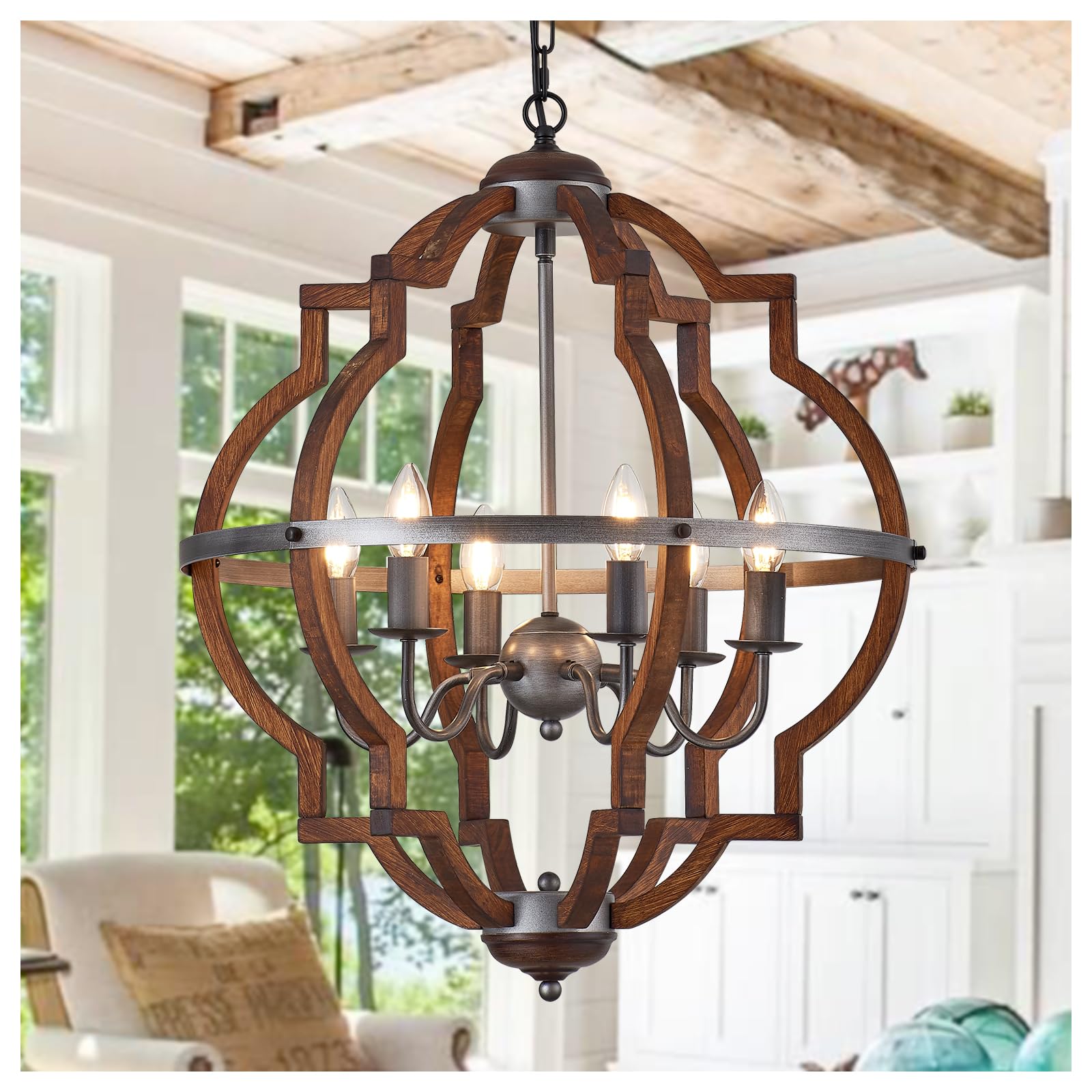 Wood Chandelier Light Fixture Antique Farmhouse 23.6" Caged Candle Style Ord Chandelier Industrial Rustic 6-Lights Wooden Chandelier for Dining Room, Kitchen, Living Room, Bedroom, E12