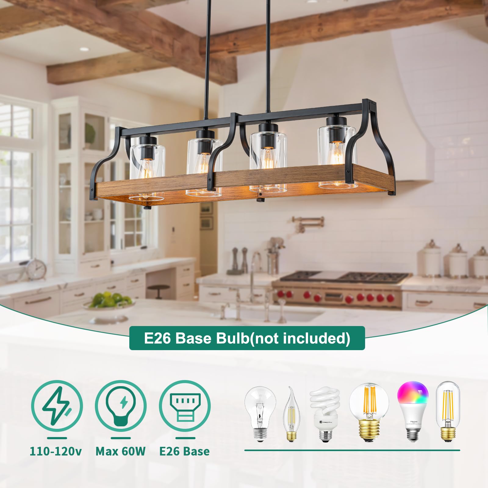 Farmhouse Kitchen Island and Dining Room Chandelier,Rustic 4-Light Linear Pendant Light Fixture with Adjustable Height and High Brightness,Black Industrial Hanging Light