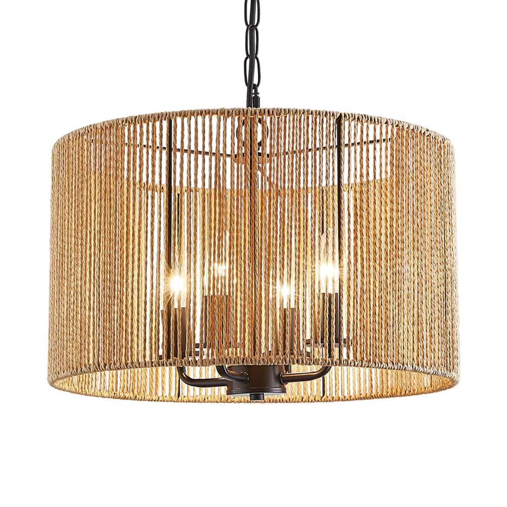 Rattan Wicker Drum Chandelier Light Fixtures,4 Light Boho Pendant Light Farmhouse Rustic Hand Woven Lighting for Dining Room Kitchen Island Living Room Bedroom