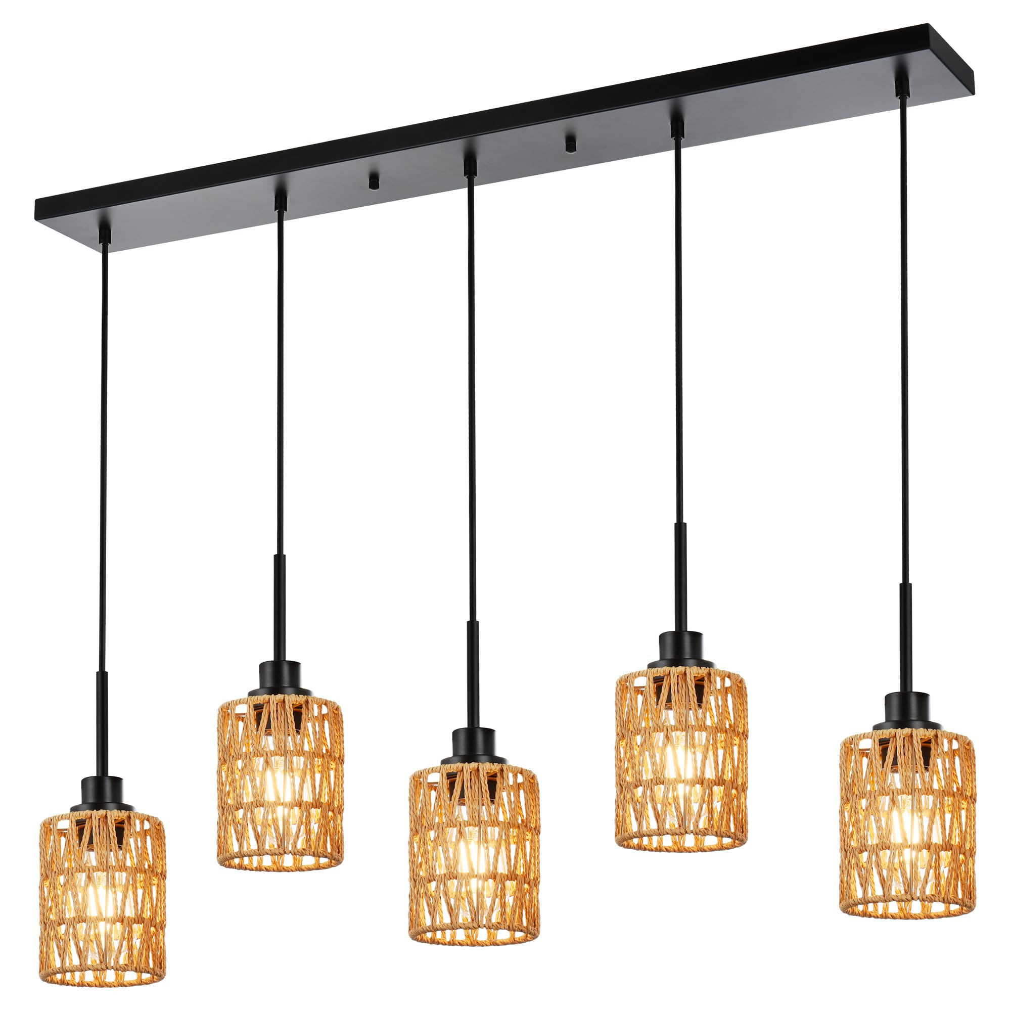 2 Pack Rattan Hanging Light Fixture Boho Pendant Light Black Adjustable Dining Table Light Fixture with Rattan Lamp Shade, Set of Two Mini Pendant Lighting for Kitchen Island Hallway Stair