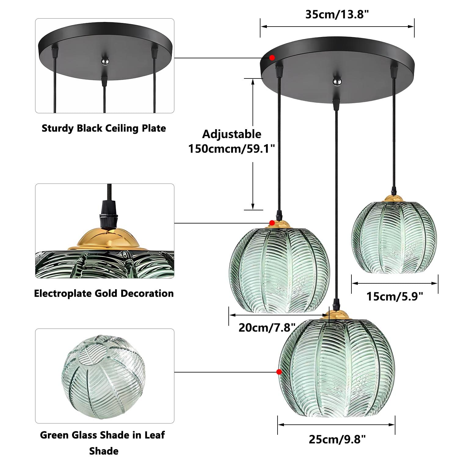 KCO Lighting 3-Lights Smoke Gray Glass Pendant Light Black Globe Round Cluster Chandelier Mid-Century Modern Multi Light Pendant Lighting Nordic Kitchen Island Light Fixture