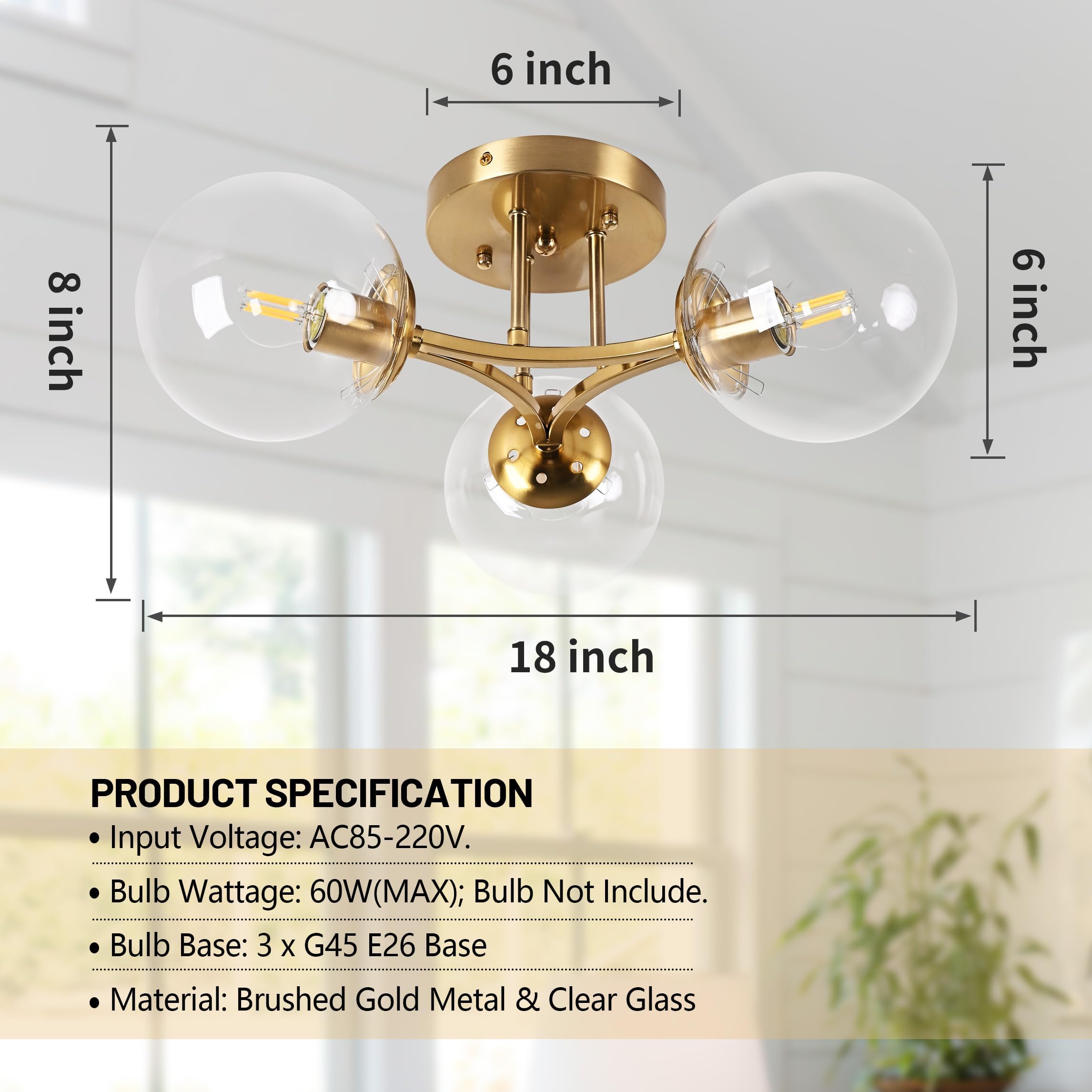 Mid Century Modern Ceiling Light Clear Globe Semi Flush Mount Ceiling Light Gold Sputnik Light Fixture Chandeliers Clear Glass Brushed Brass Chandeliers Living Room Dining Room Bedroom 3 Lights