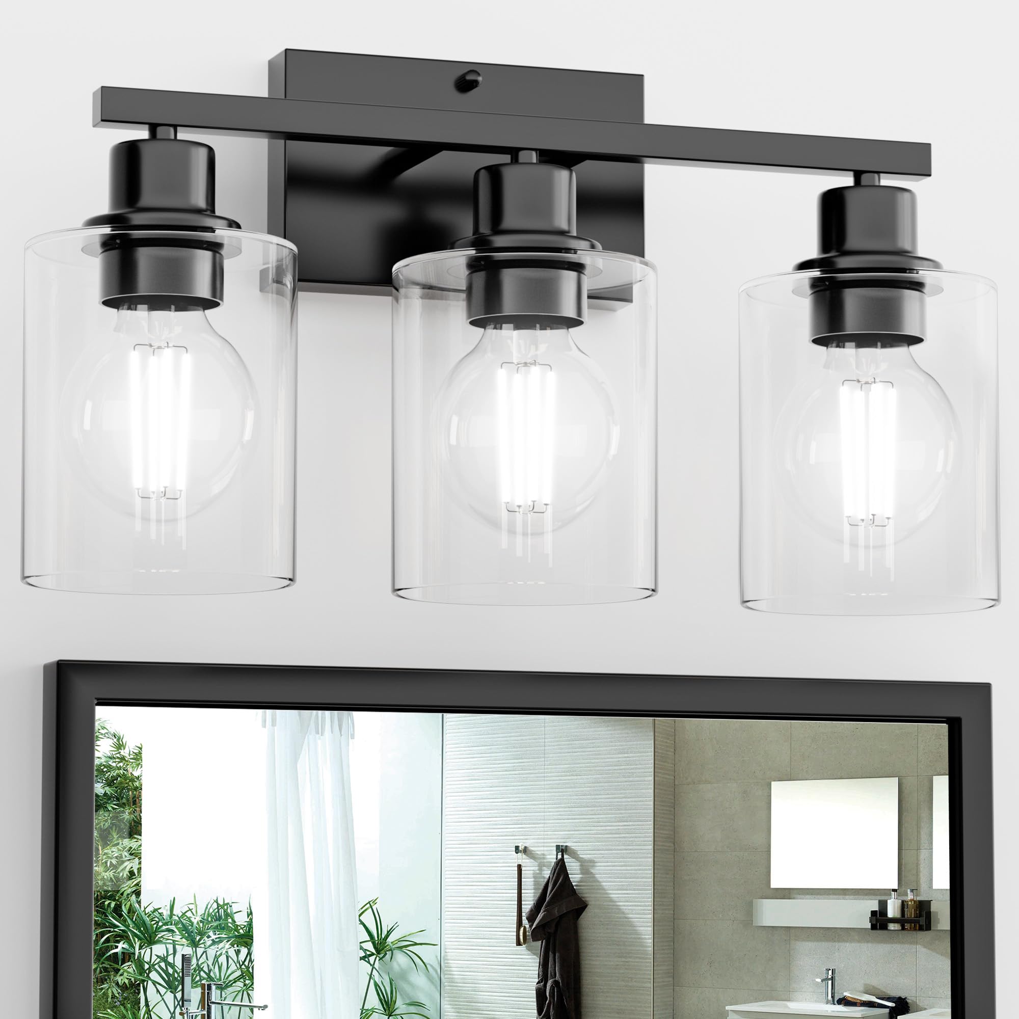 Bathroom Lighting Fixtures Over Mirror Brushed Nickel, Rustproof 3-Light Vanity Lights for Bathroom, 18Inches Modern Wall Sconces E26 Base, Transparent Clear Glass Shades, Bulbs Not Included