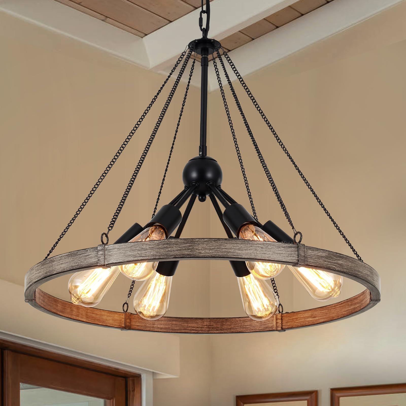 6-Light Wagon Wheel Chandelier, Modern Farmhouse Chandelier for Dining Room Light Fixture 23.6" Rustic Industrial Round Hanging Pendant Lighting for Bedroom, Living Room, Foyer, Kitchen Island