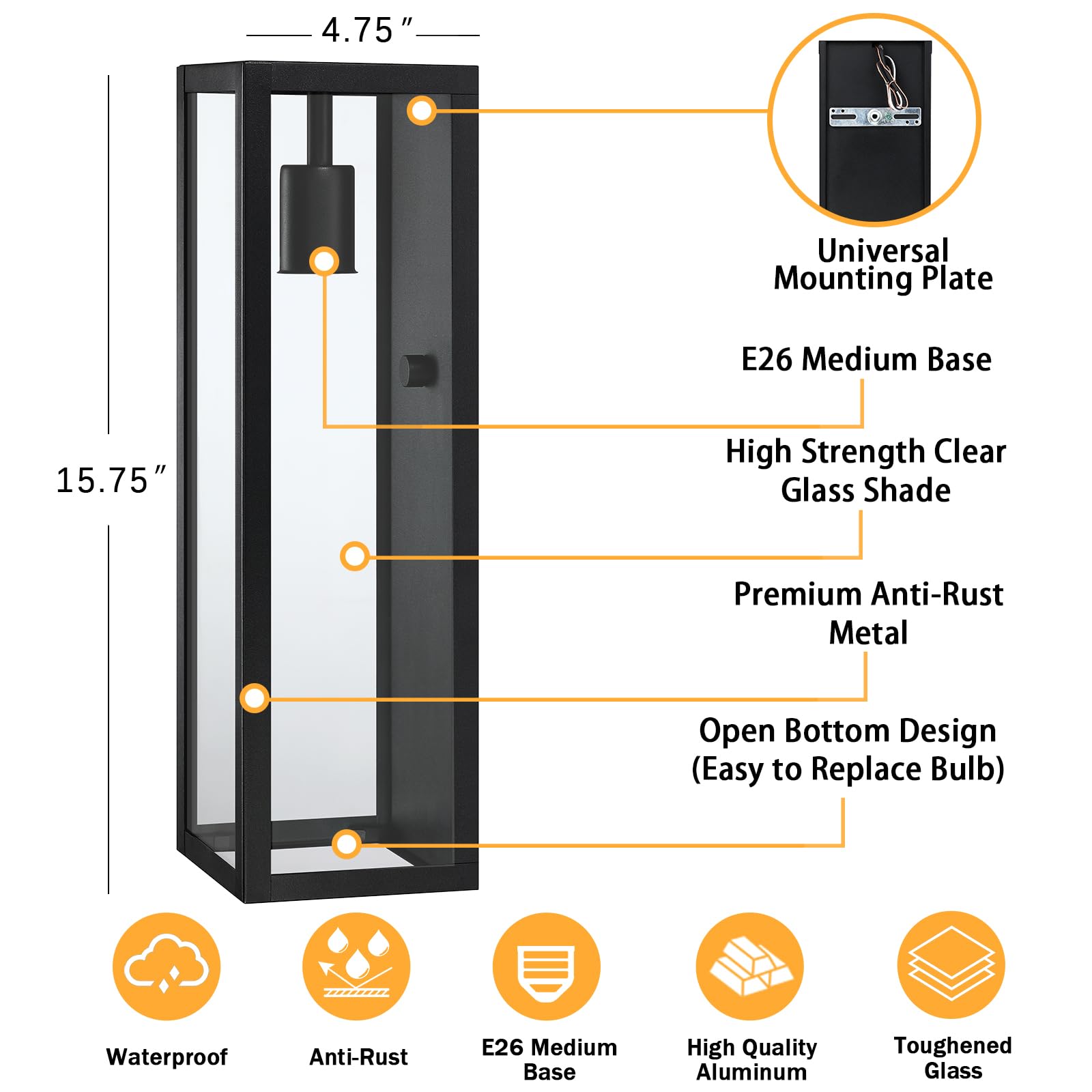 Outdoor Exterior Wall Lights for House 2Packs, 12.6'' Matte Black Rectangular Metal Frame & Clear Glass Shade, Waterproof Outdoor Garage Lights Patio Wall Sconce Porch Light, Bulb Not Included