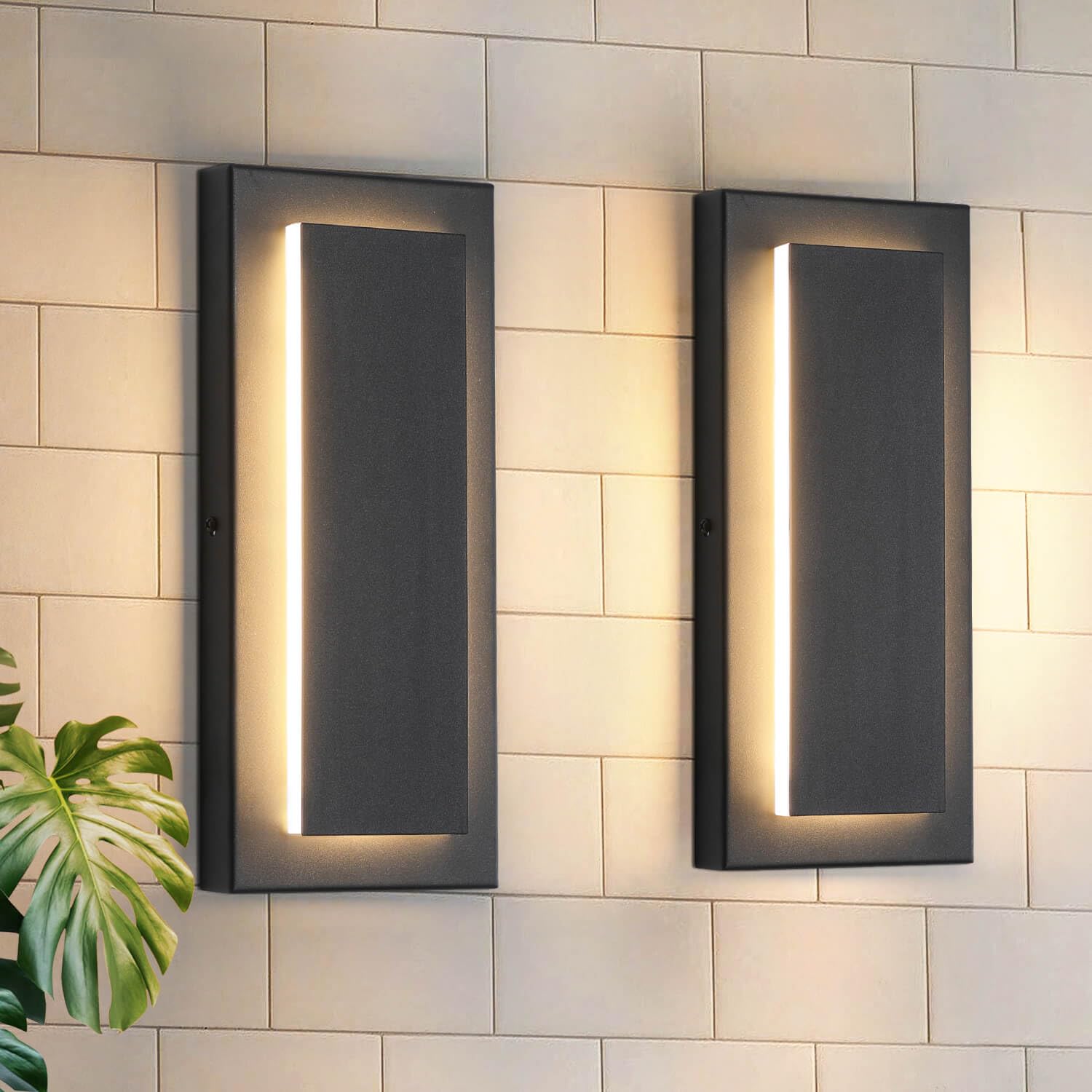 2 Pack Modern LED Outdoor Wall Lights, Black Exterior Wall Sconce & Indoor Wall Sconce Lighting Fixtures, 15.7'' Large Front Door Lights for Entrance, Hallway, 360° Beam Angle, Warm White 3000K