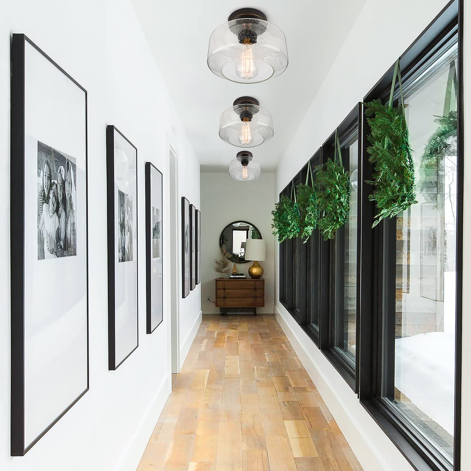 Industrial Semi-Flush Mount Ceiling Light Fixture, Modern Seeded Glass Pendant Lamp, Black Farmhouse Hanging Lighting for Bedroom Hallway