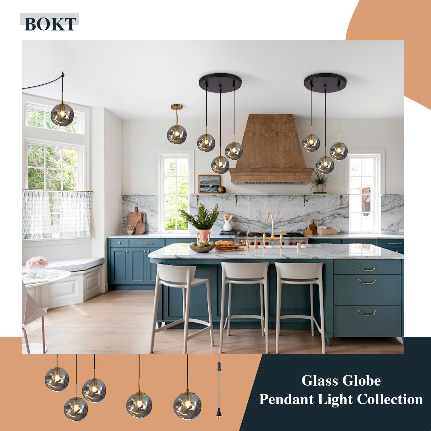 BOKT Modern Gold Kitchen Island Pendant Light Mid Century 3-Lights Globe Pendant Light Fixture Cluster Multi Light Pendant Lighting Bedside Glass Ball Pendant Lamp