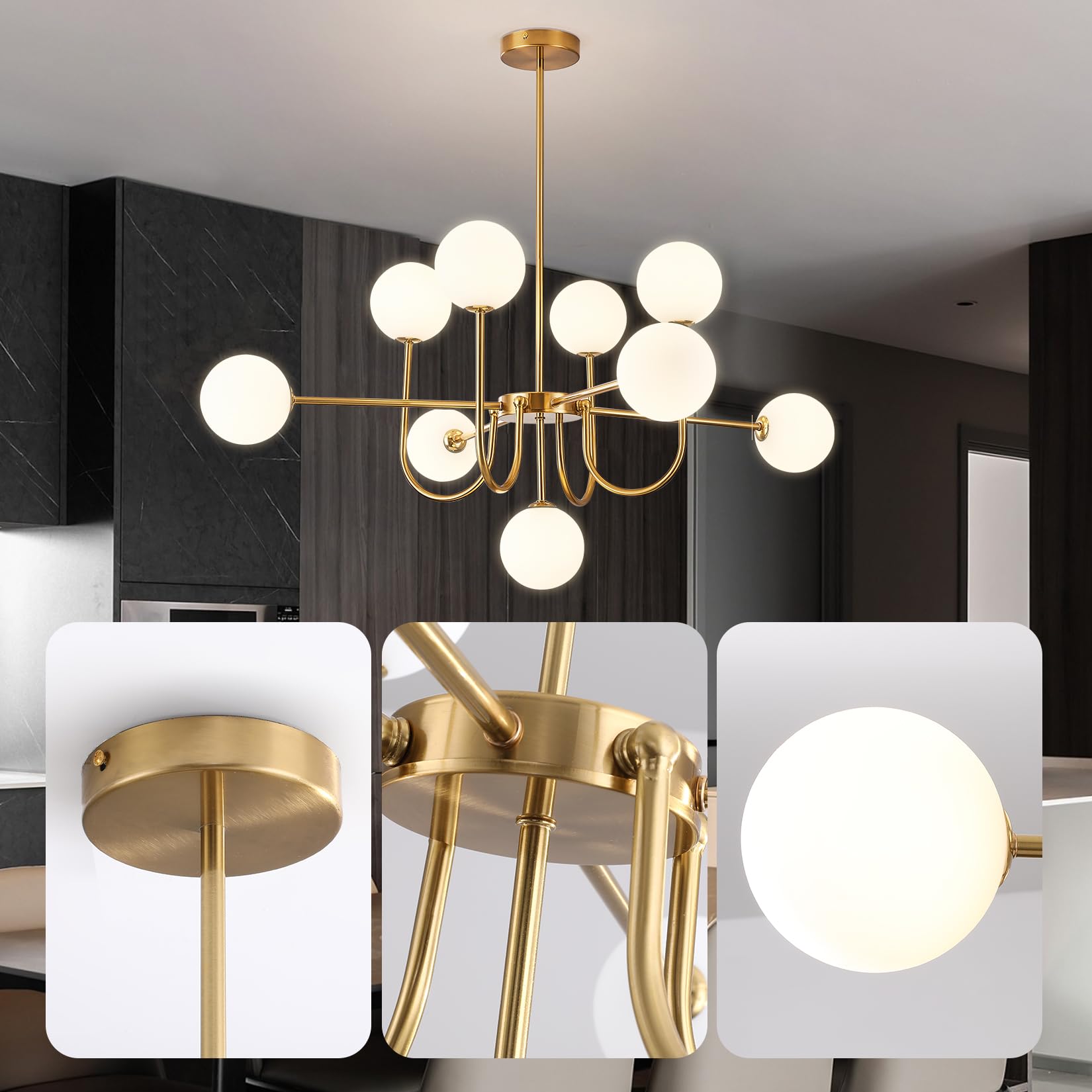 Modern Globe Gold Chandelier - 3.9in Glass Shape Sputnik Ceiling Light Fixture, Mid Century Bubble Dining Room Pendant Light, Hanging Brass Island Light for Kitchen Bedroom Entryway Over Table