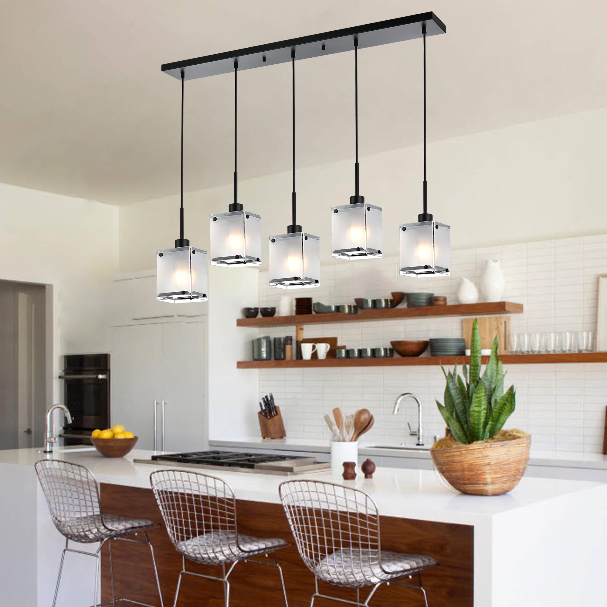 Black Pendant Lights Kitchen Island, 3-Light Dining Room Light Fixtures Hanging Contemporary Linear Chandeliers for Dining Room Hallway with Rectangular Frosted Glass Shade