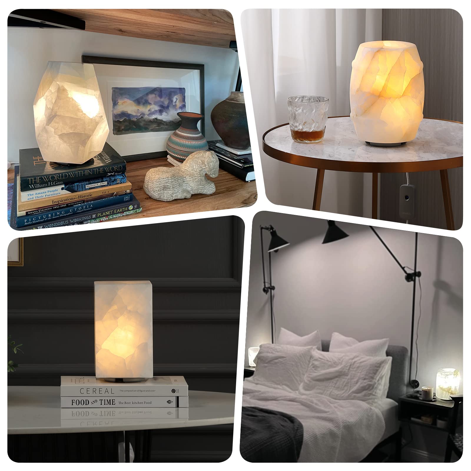 Natural Solid Stone Table Lamp with One-of-a-Kind Crystal Texture, Small Accent Lamp with 3 Colors Dimmable LED, Unique Lamp for Bedroom Living Room, Cuboid White