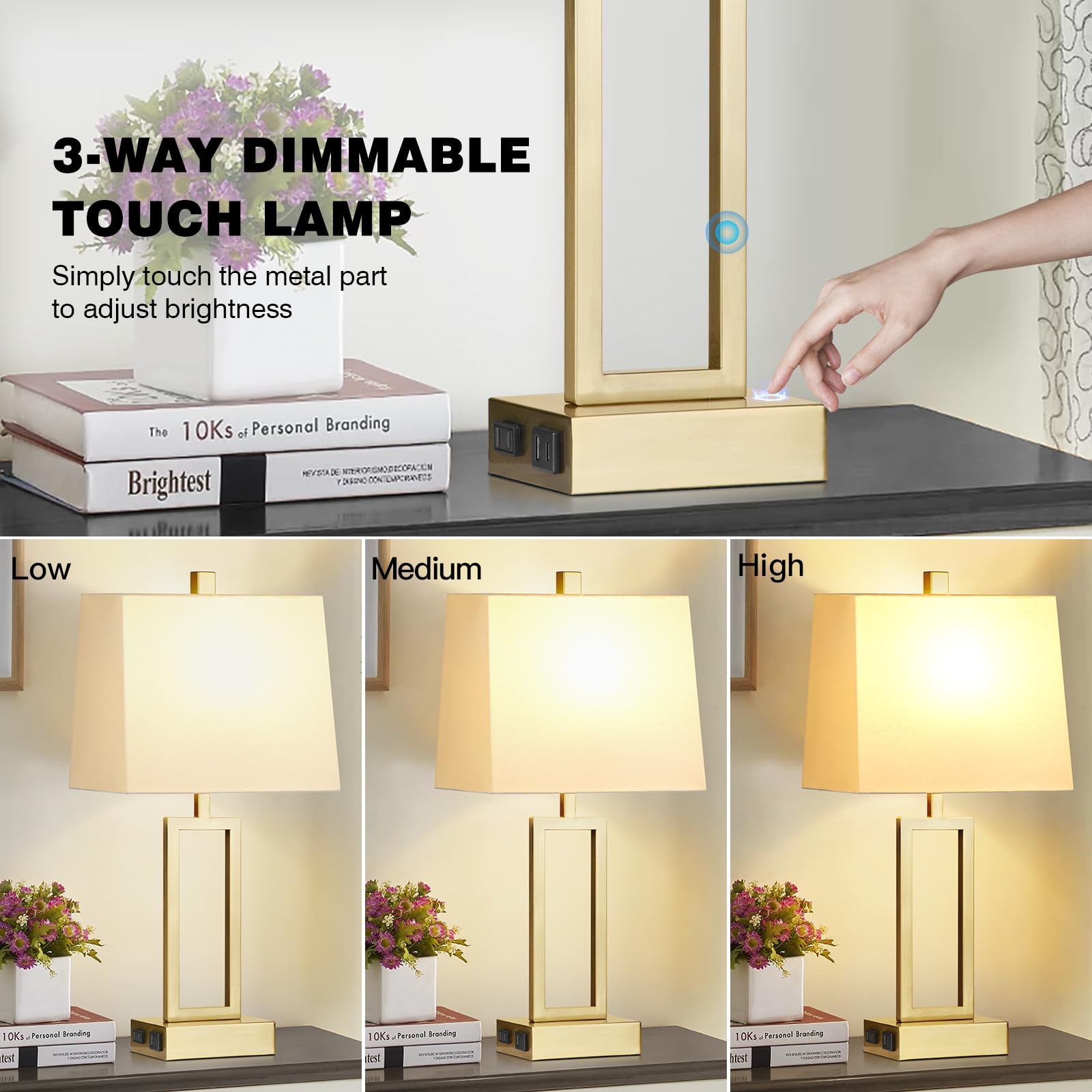 23.5" Touch Control Table Lamps, Metal Bedside Lamp for Bedroom Set of 2 with USB A+C Ports & AC Outlet, 3-Way Dimmable Nightstand Lamp for Living Room (LED Bulb Included)