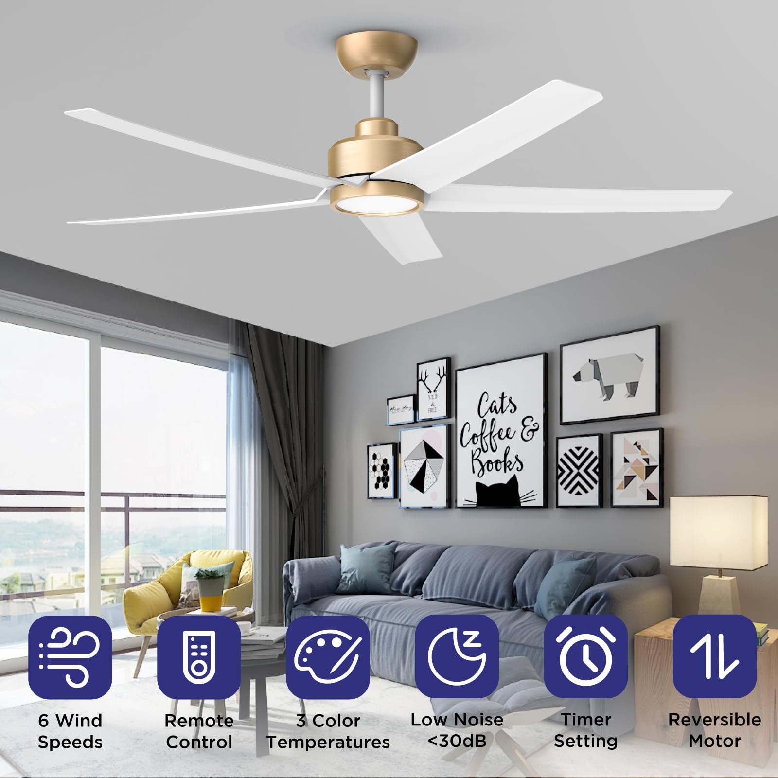 Ceiling Fans with Lights, 52 inch Black Ceiling Fan with Light and Remote Control, 3CCT, Quiet DC Motor, 5 Blades Modern Ceiling Fan for Living Room Farmhouse Bedroom