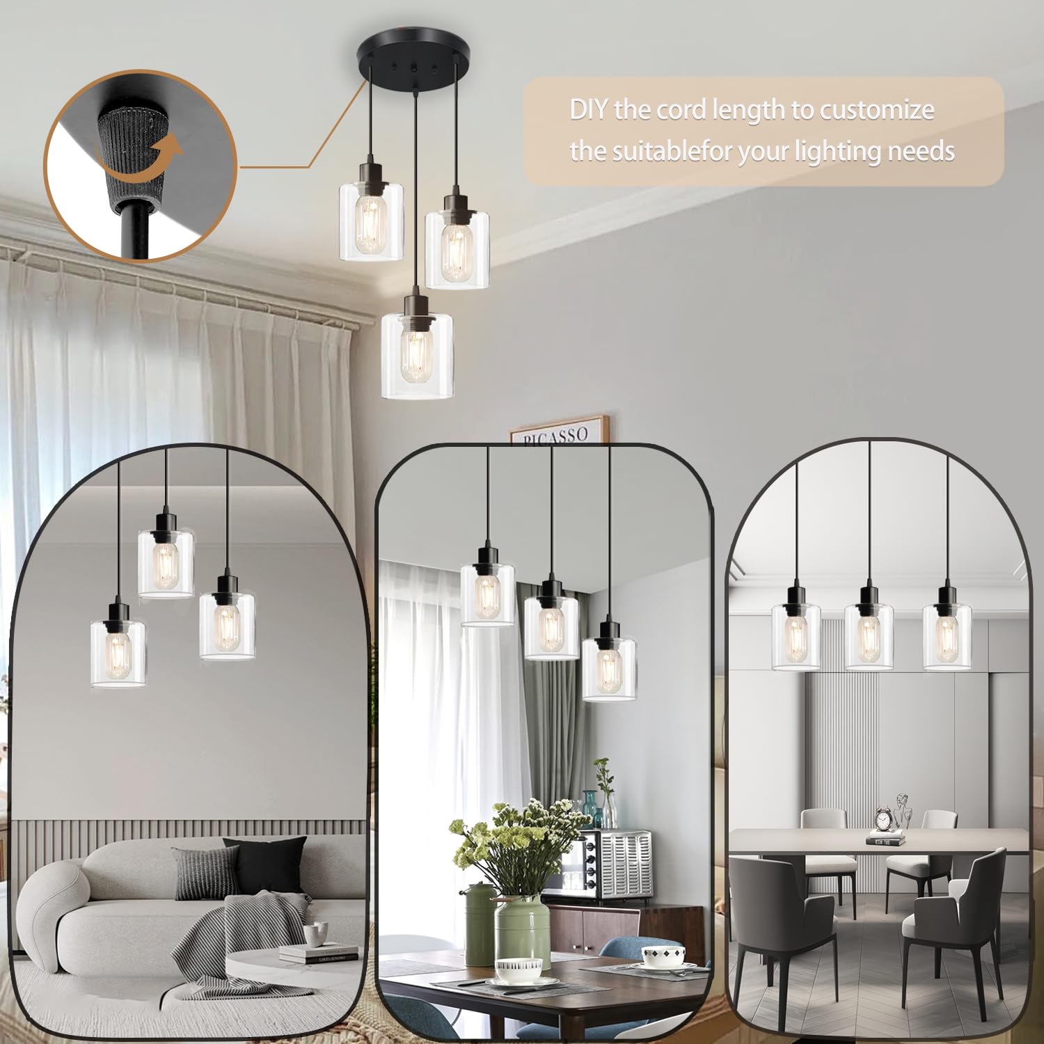 3-Light Hanging Pendant Light Fixtures, Farmhouse Kitchen Island Light Fixture, Industrial Hanging Pendant Lighting for Dining Room Bedroom Hallway, Black Metal Cage Pendant Lamp, E26 Base