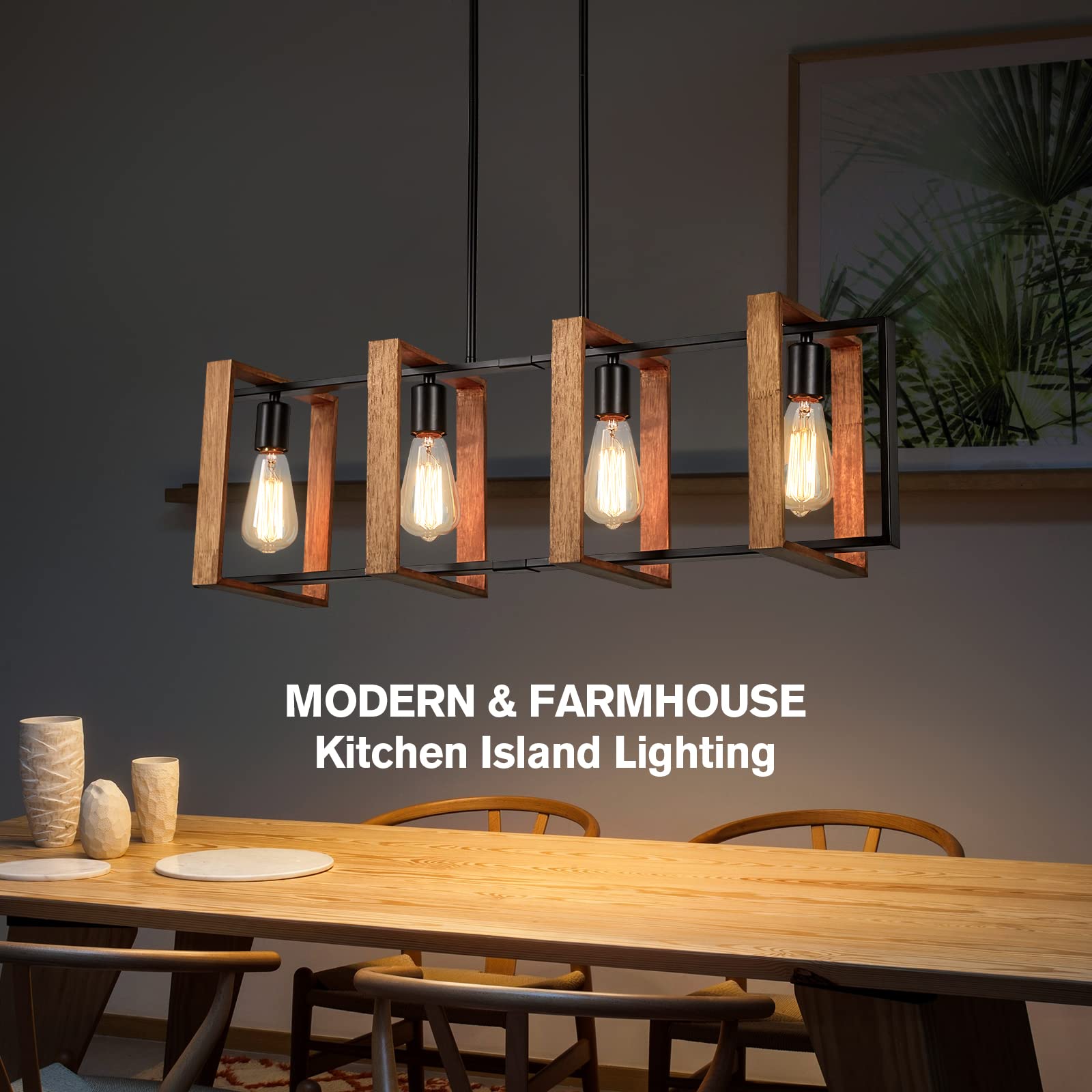 Farmhouse Kitchen Island Lighting Black Pendant Light Fixtures 4-Light Dining Room Lights Wood Chandelier Adjustable Hanging Pendant Lighting for Kitchen Island