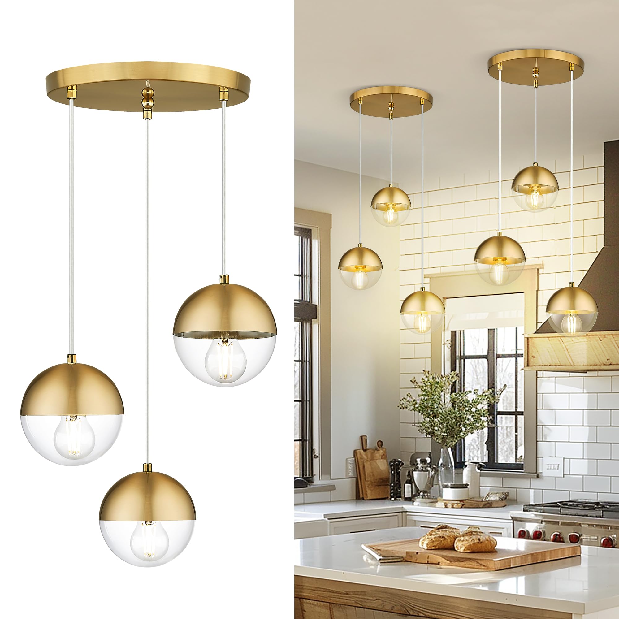 Modern Pendant Lighting Gold Globe Pendant Light Fixture, Mid Century Chandelier One Light Hanging Fixture for Kitchen Island, Adjustable Indoor Lighting for Dinning Room Bedroom, LMS-187