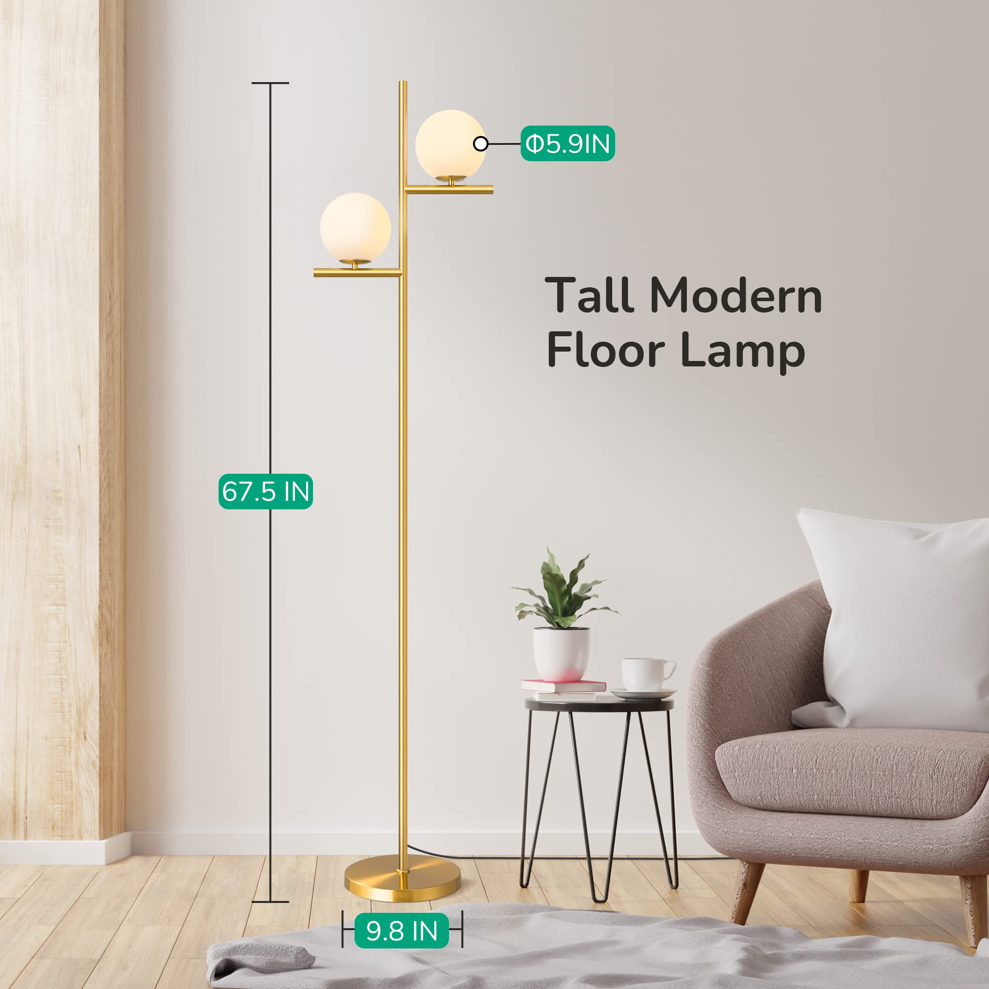 67.5in Mid Century Modern Globe Floor Lamp, Upgraded Dimmable Gold Standing Lamps for Living Room, Frosted Glass Shade, LED Tall Pole Lamp for Bedroom-Brass Plating