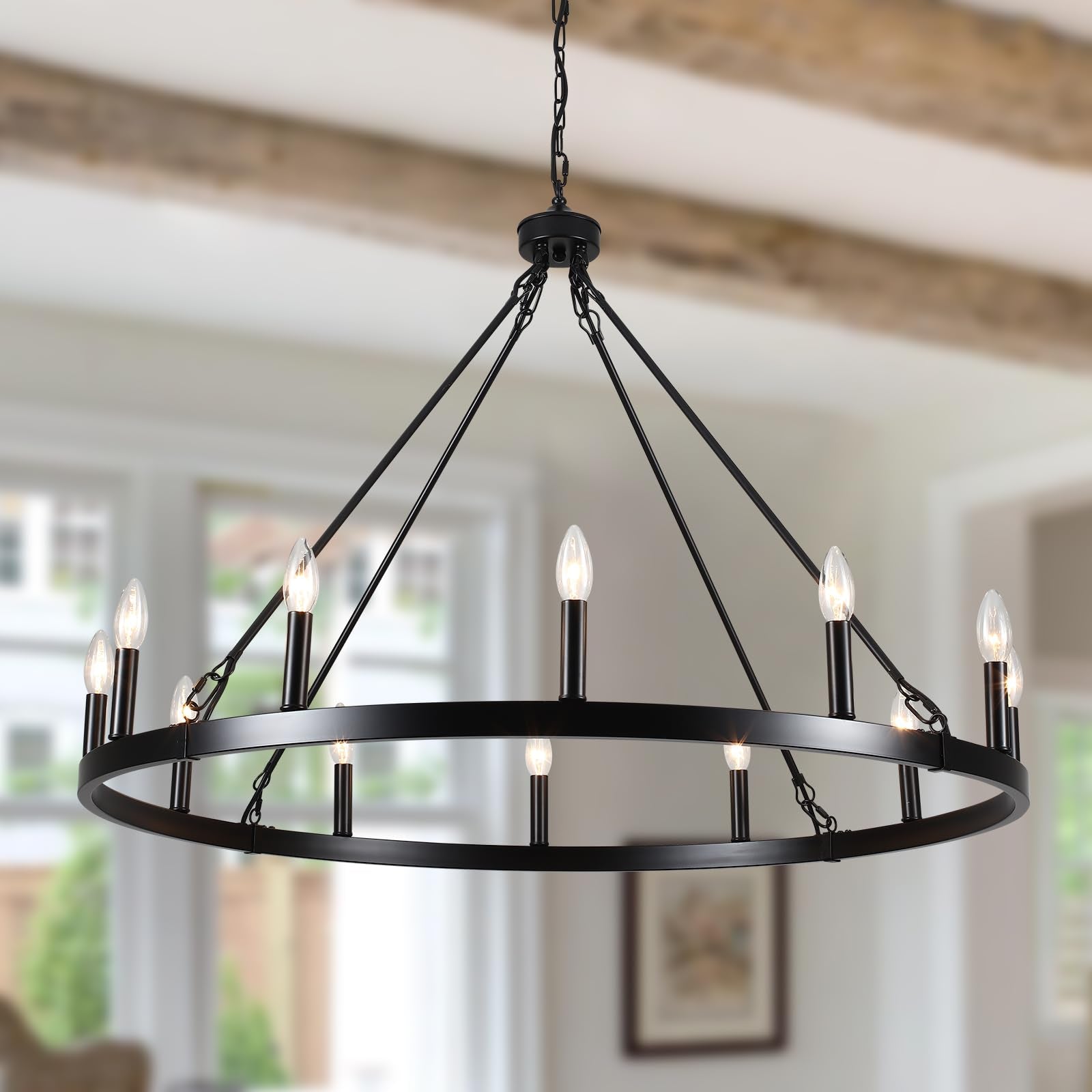 Wooden Chandeliers for Dining Room, 5 Lights Farmhouse Orb Chandeliers Antique White & Black French Country Chandelier for Living Room Kitchen Foyer